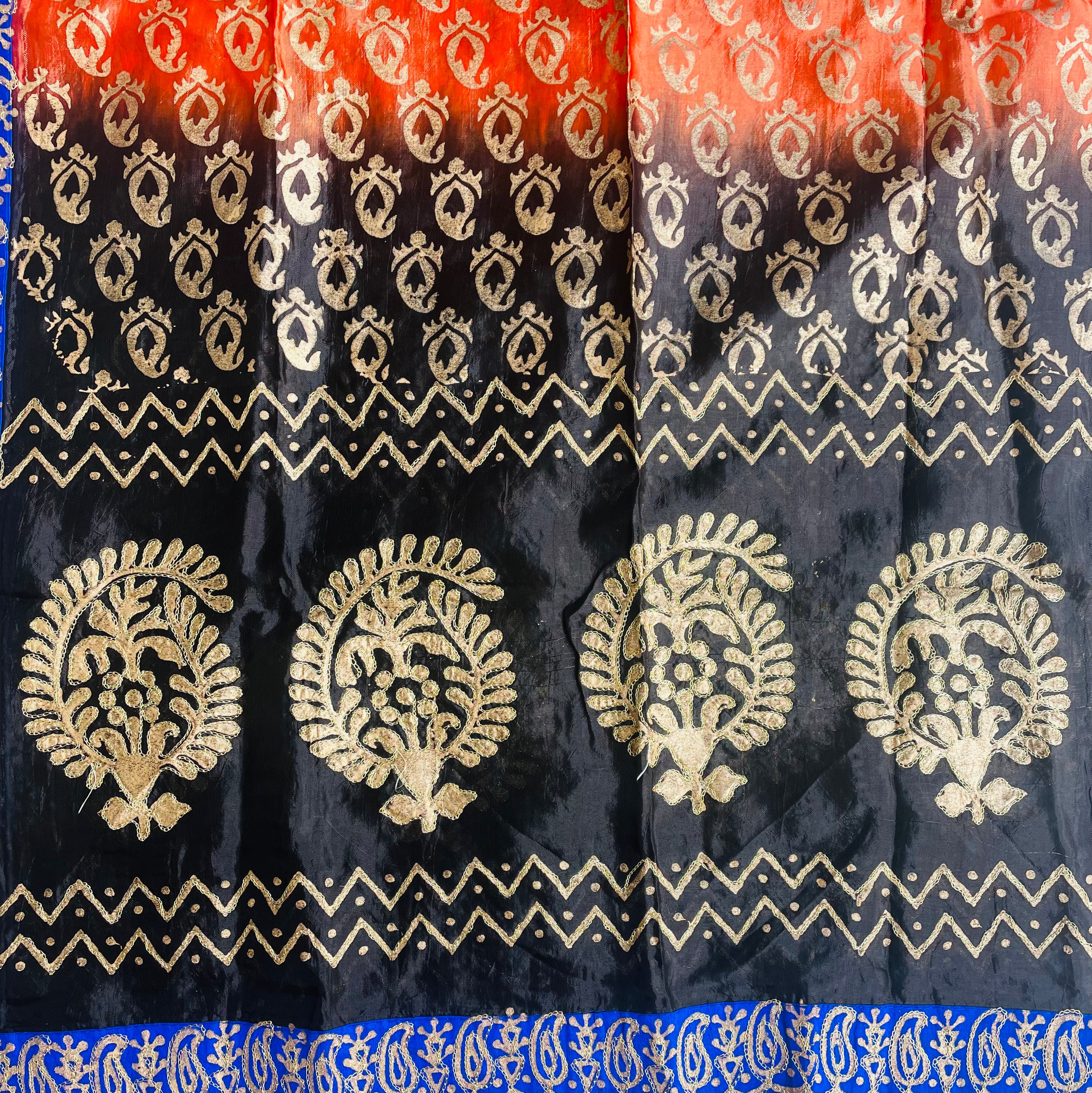 Hand Painted and embroidered Chinnon Dupatta - Orange and Gold