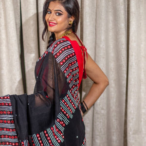 Bangladeshi Tant Saree Embroidery Foil Mirror Work - Black Red - Phulari