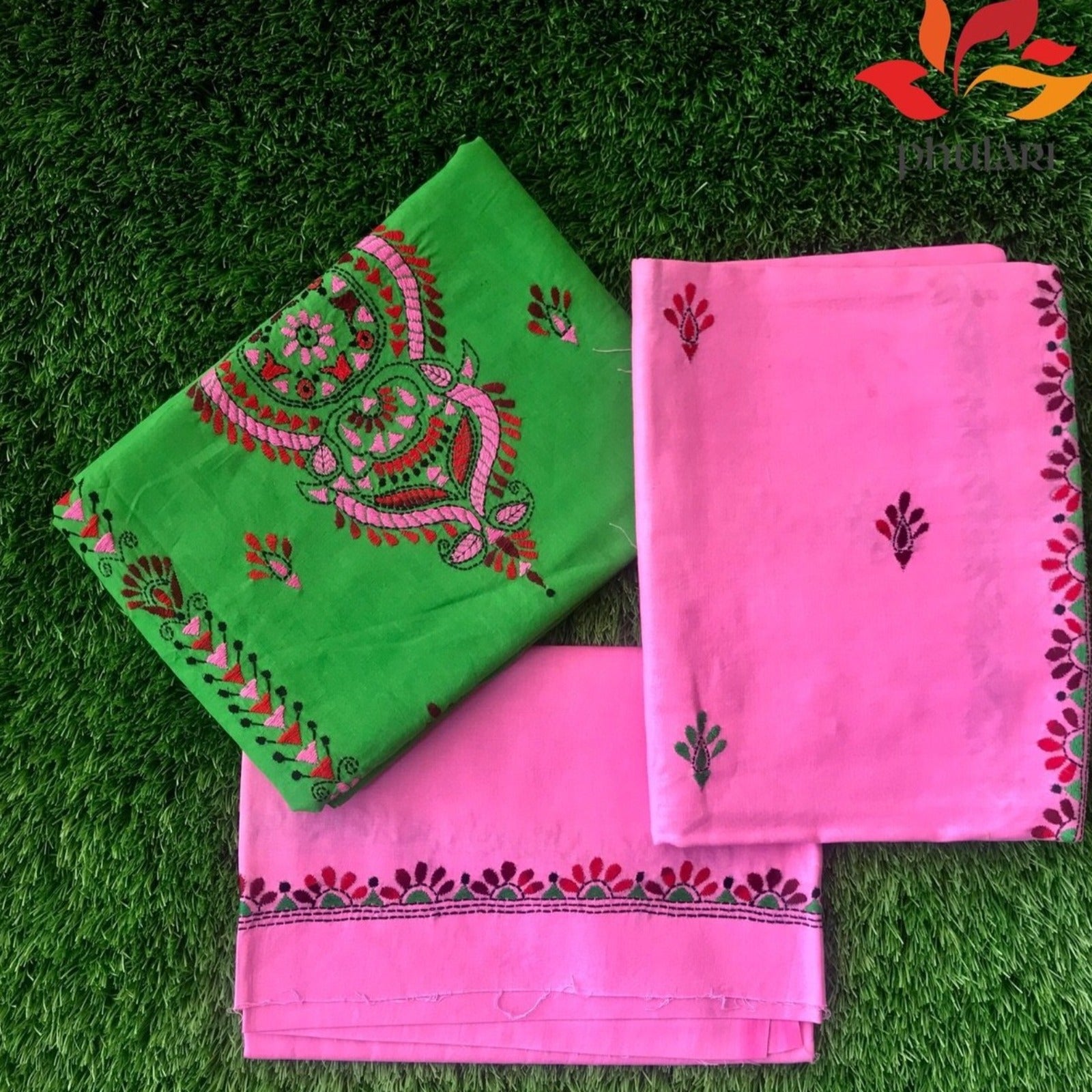 Kantha Work Suit Unstitched Fabric Cotton - Green Pink - Phulari