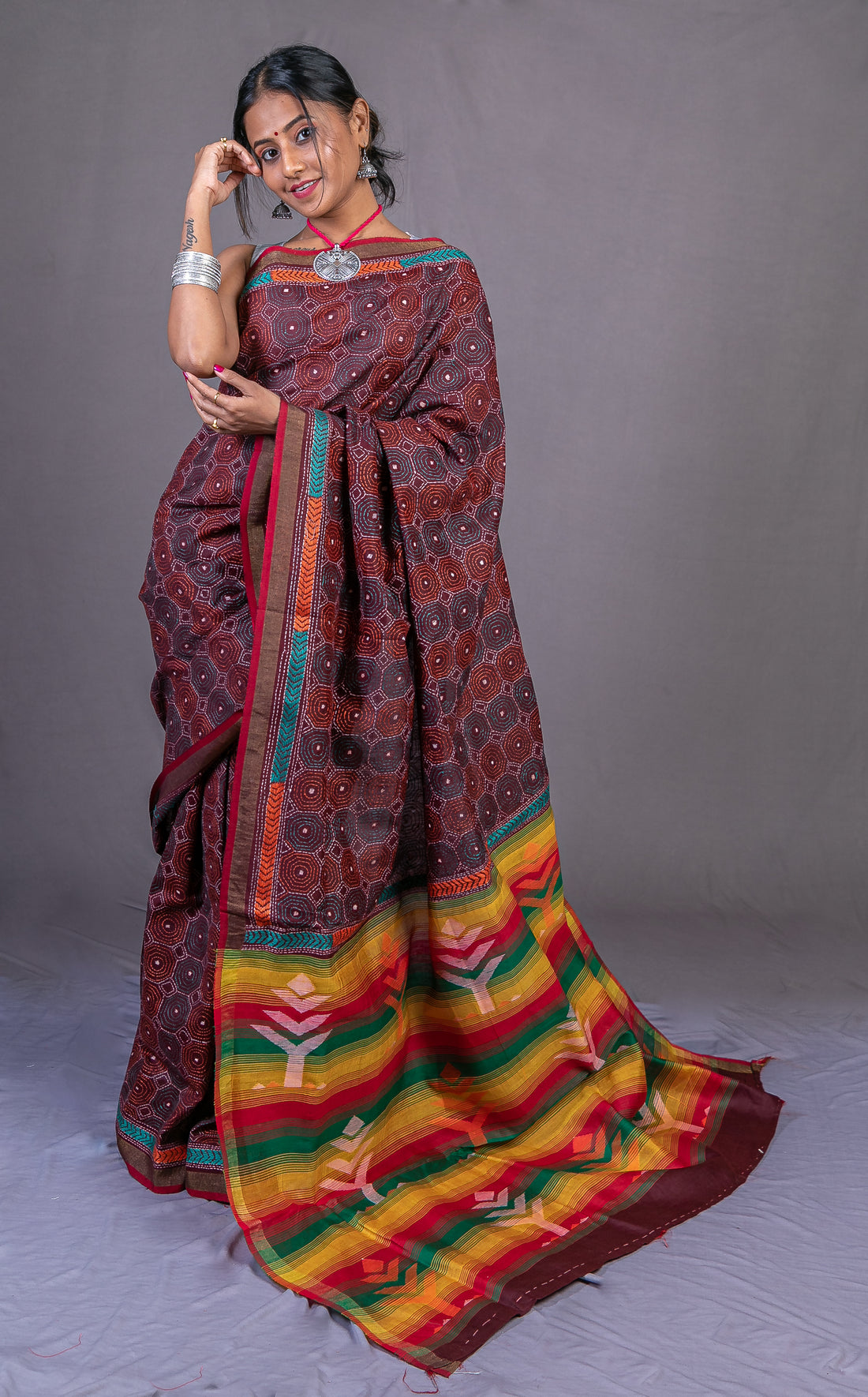 Jamdani Silk Kantha Embroidered Saree