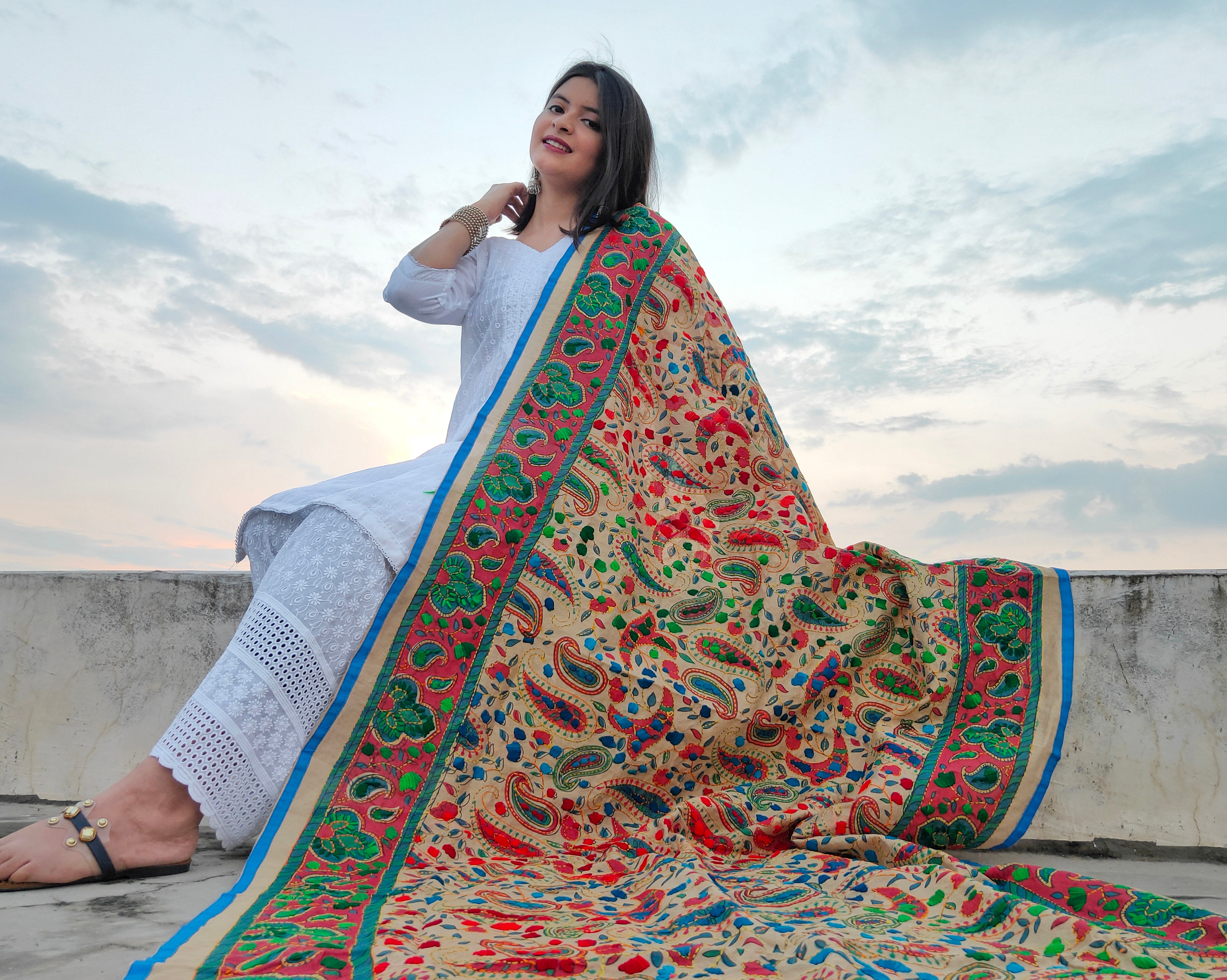 Hand-embroidered Madhubani Dupatta