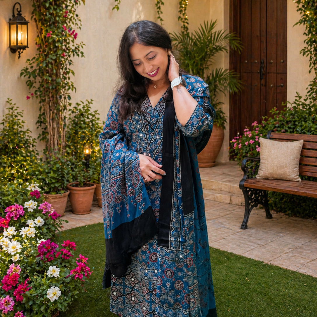 Hand Block Ajrakh on Pure Modal Silk - Salwar Suits