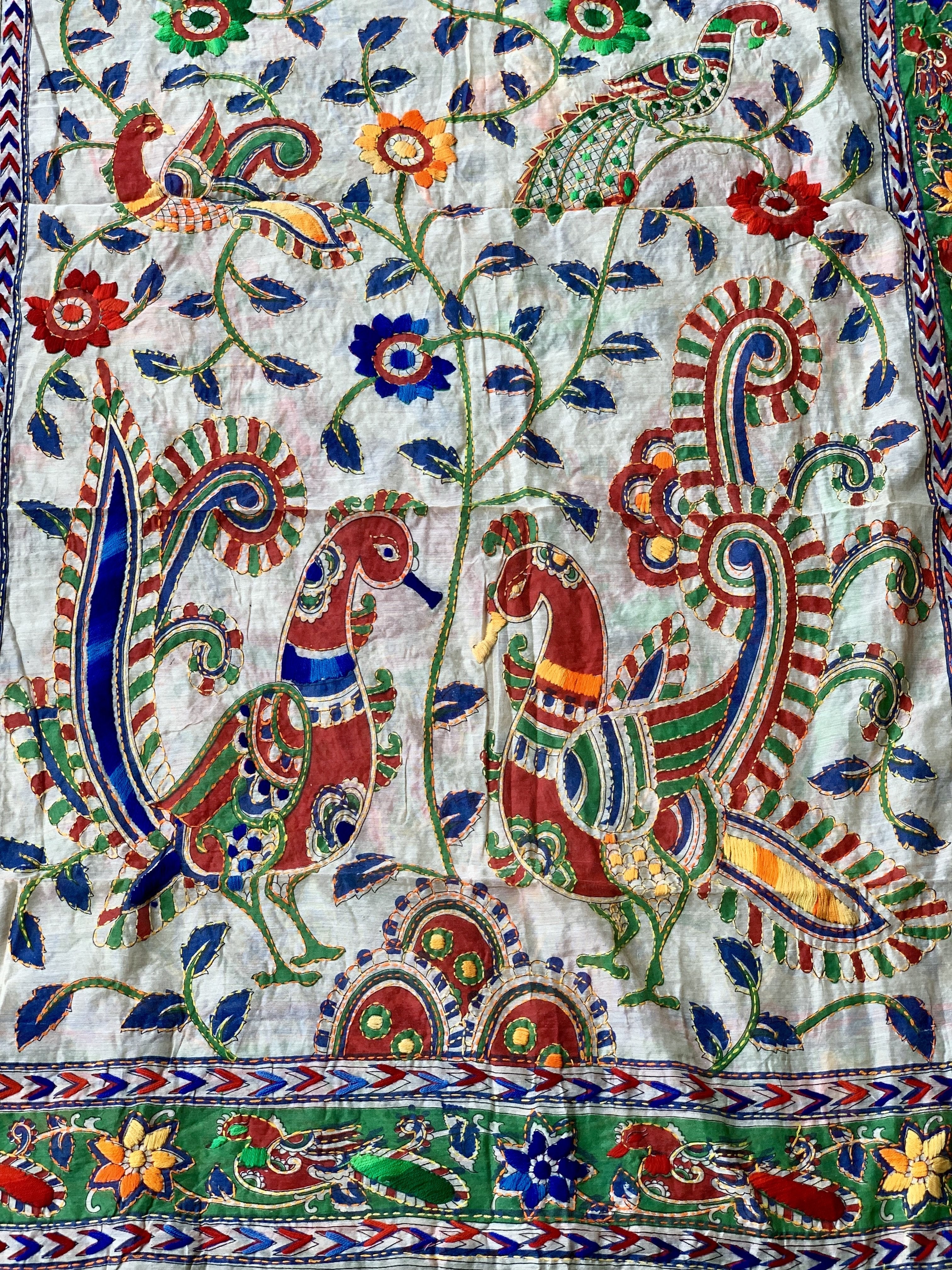 Hand-embroidered Madhubani Chanderi Dupatta Floral- Peacock