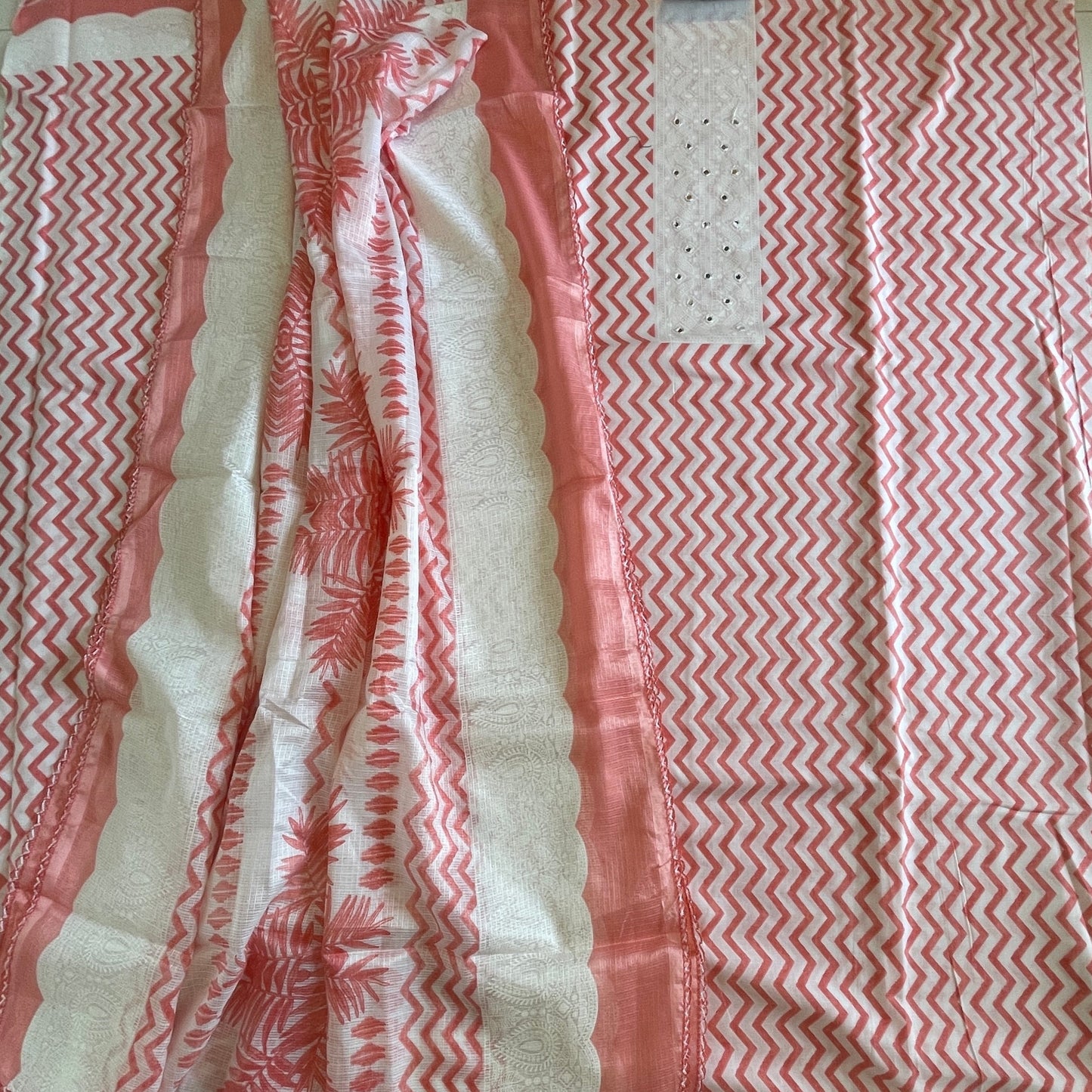 Pure Soft Cotton Unstitched Suit Material - White With Pink Kota Dupatta