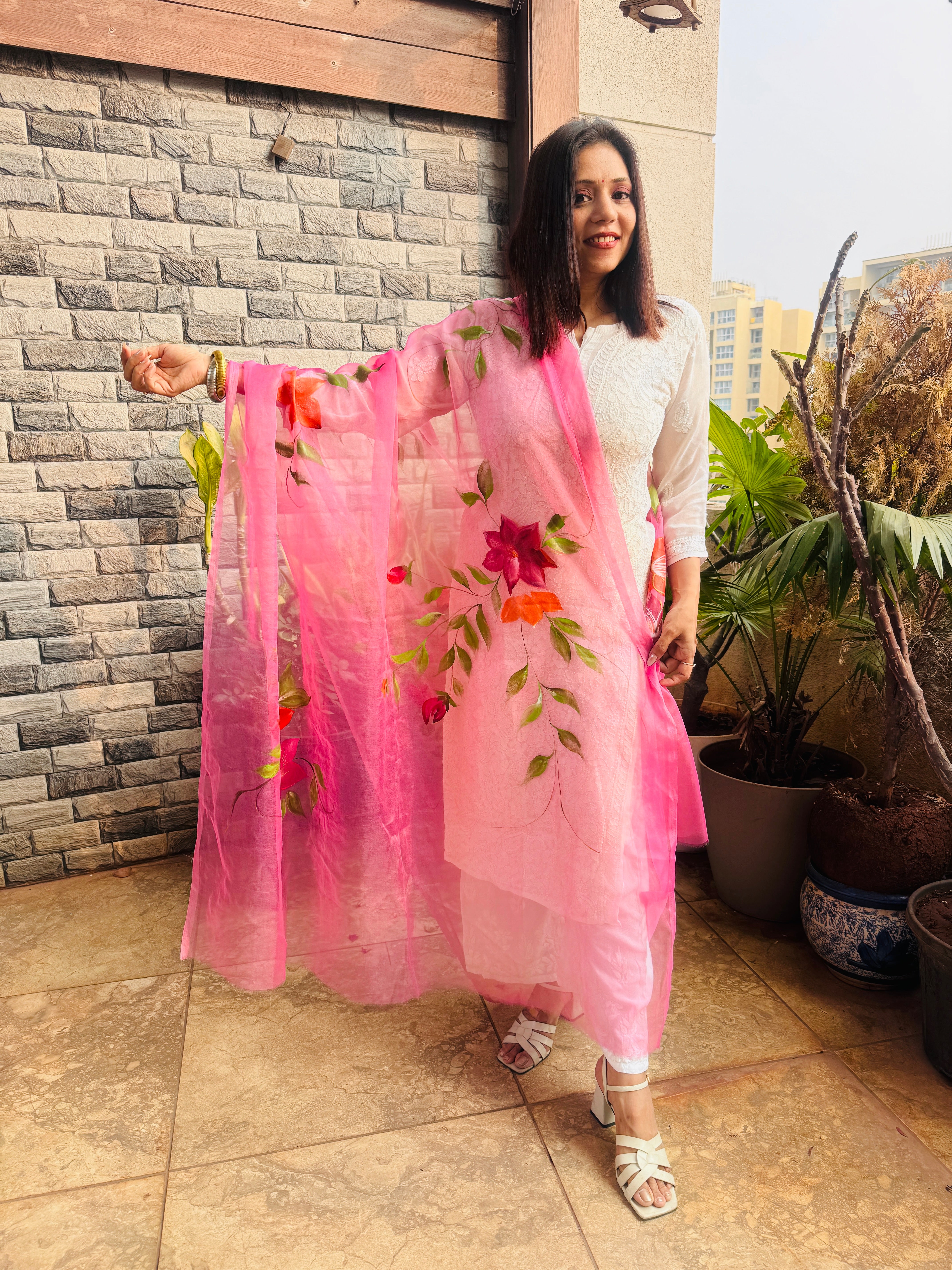 Hand painted Soft Organza Dupatta - Pink