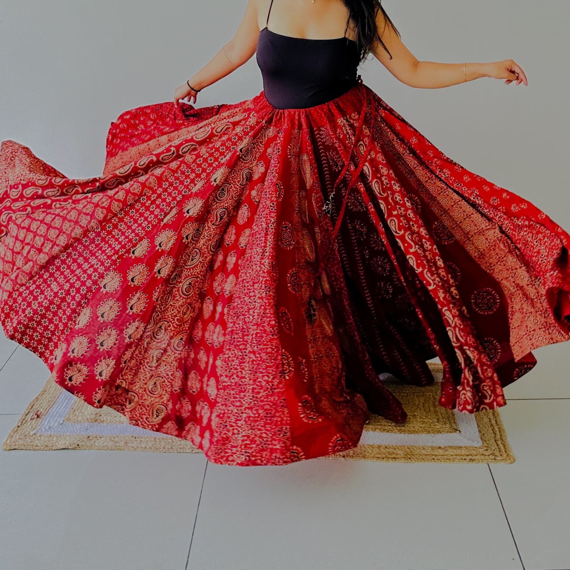 Cotton Ajrakh Skirts - Red and Black with 12 meter Flare