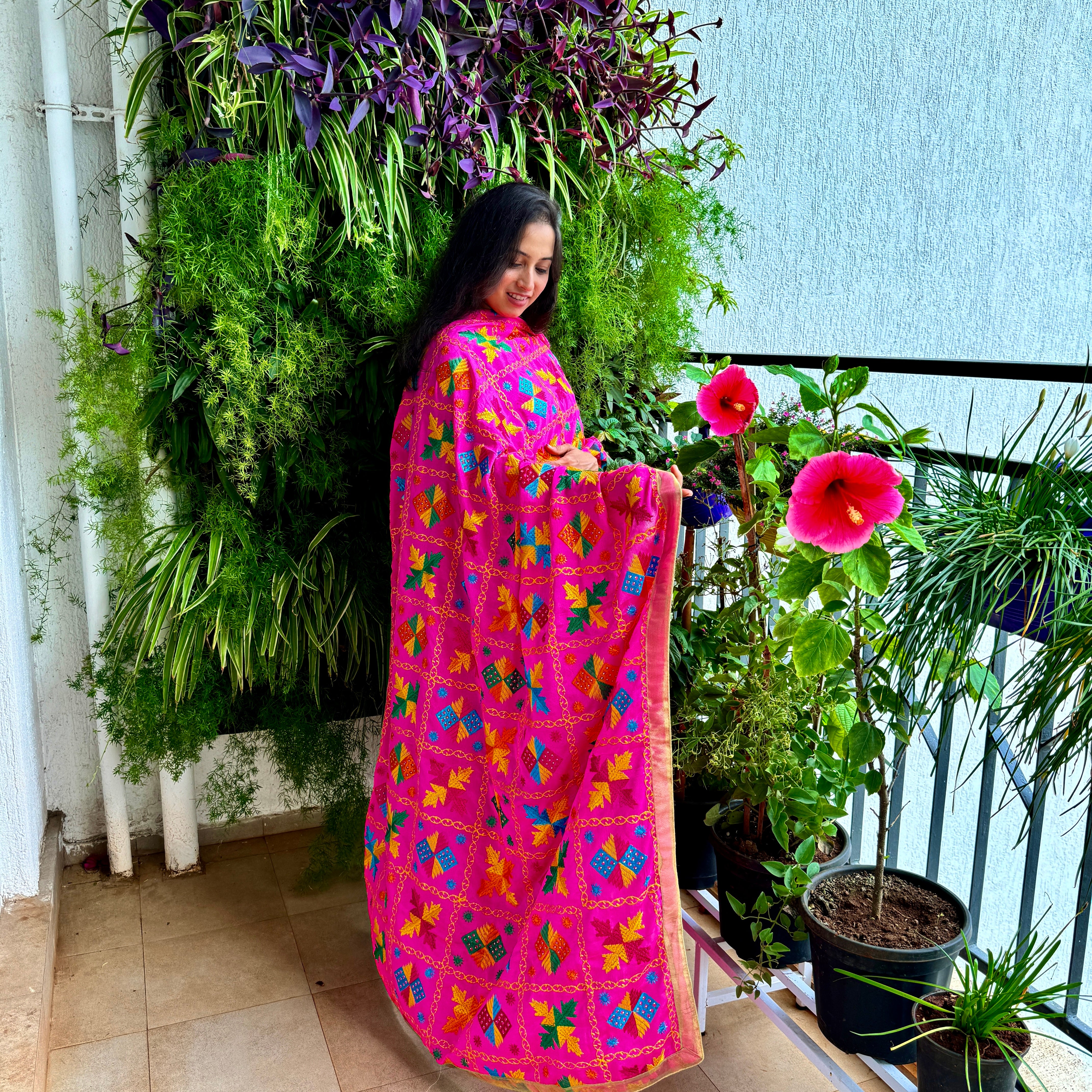 Embellished Phulkari Chinnon Dupatta - Hot Pink