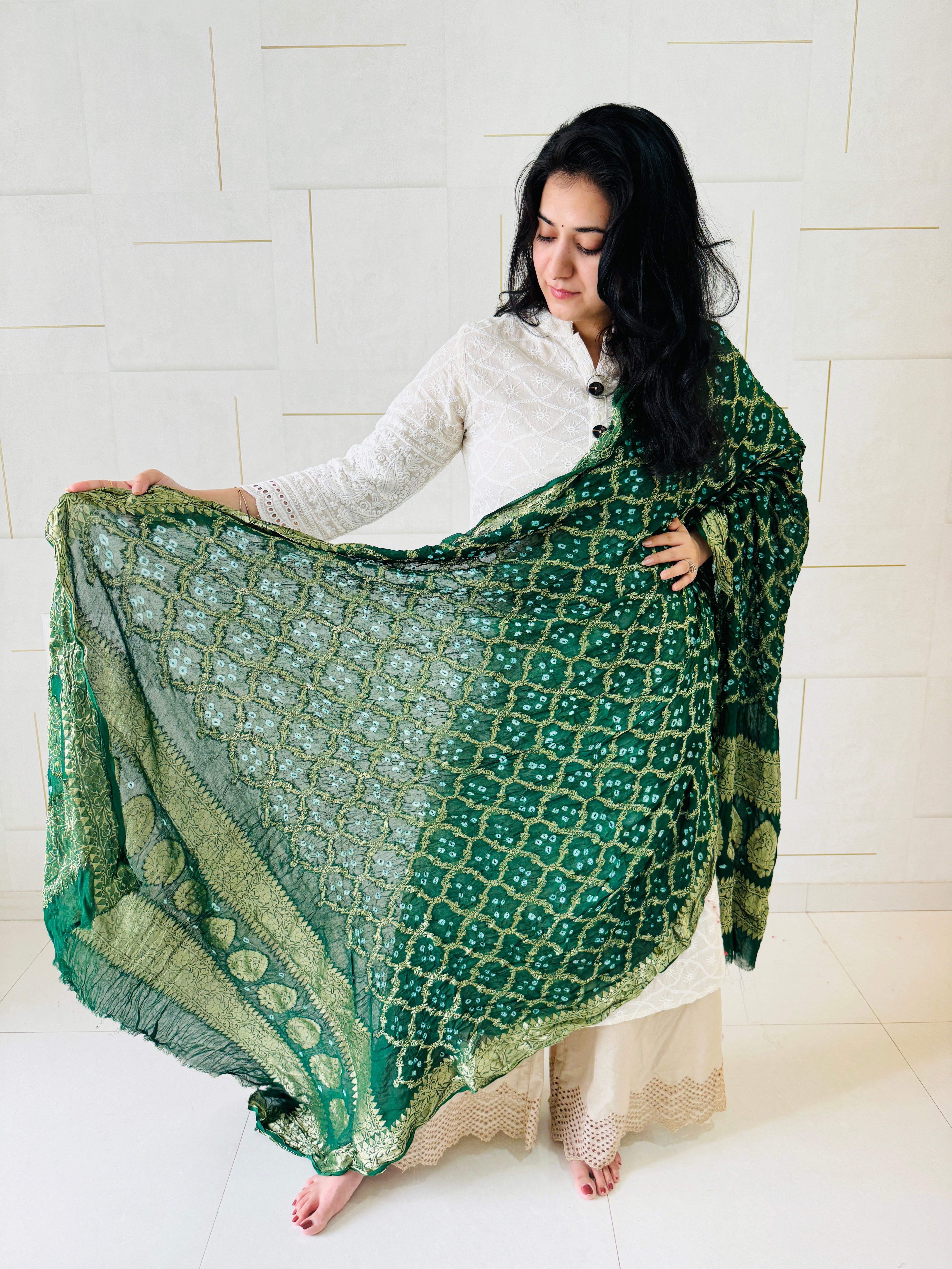 Pure Georgette Bandhani Banarasi Dupatta - Green