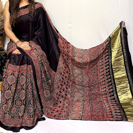 Modal Silk Ajrakh Saree - Indigo, Yellow, Red, Maroon, Pink, Mustard