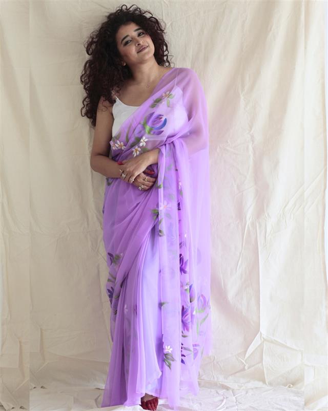 Hand-Painted chiffon Saree - Purple