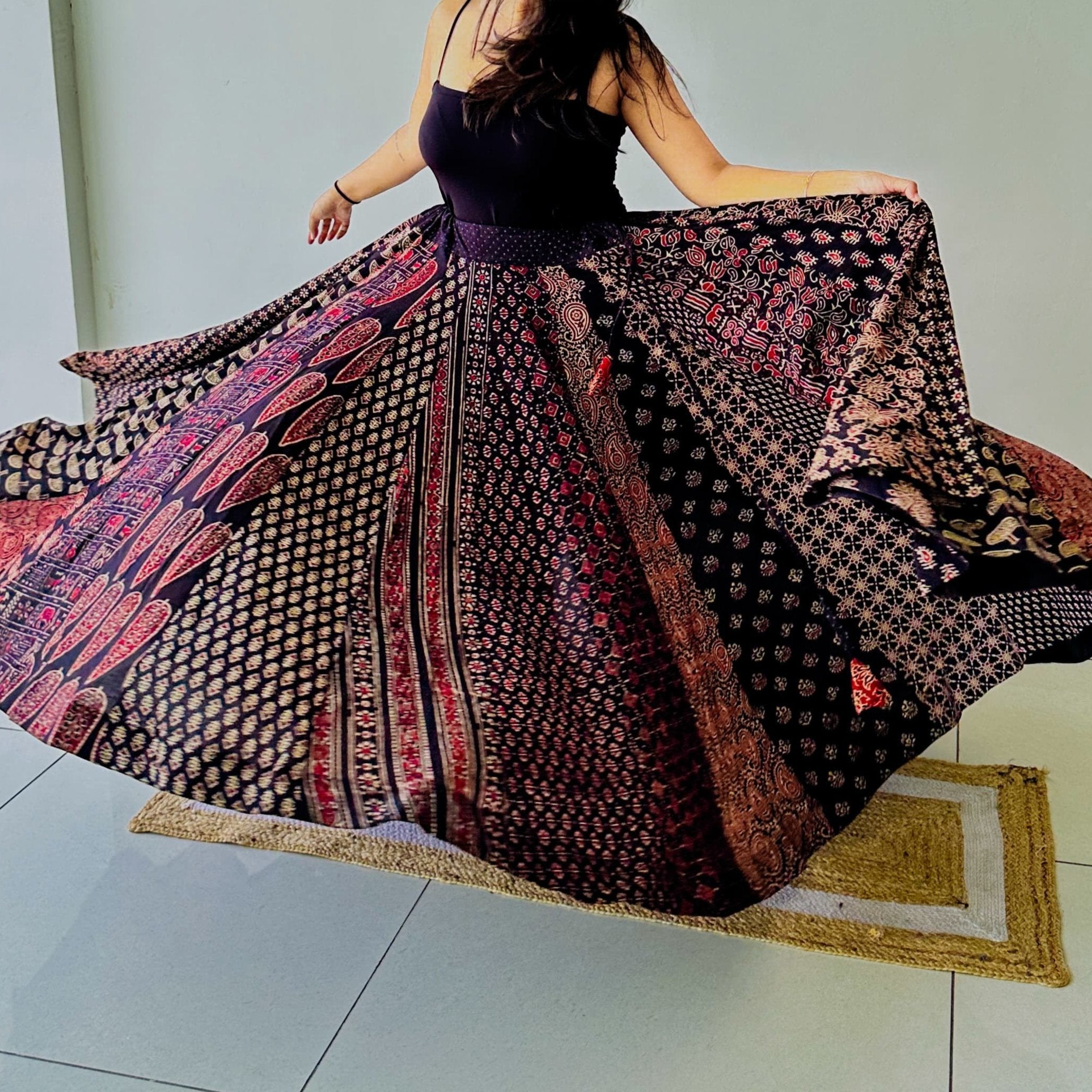 Cotton Ajrakh Skirts - Red and Black with 12 meter Flare