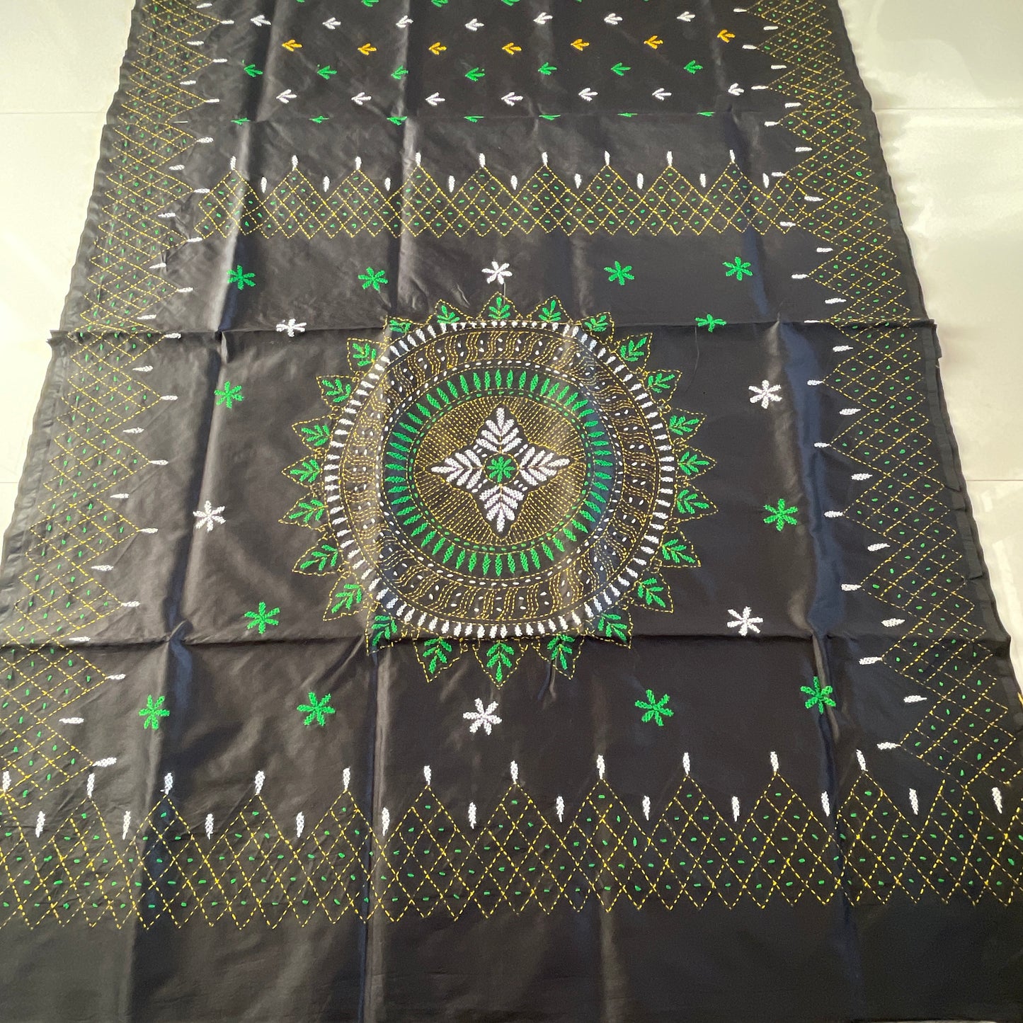 Assam Silk (cotton silk) Kantha Hand Embroidered Work Saree - Black