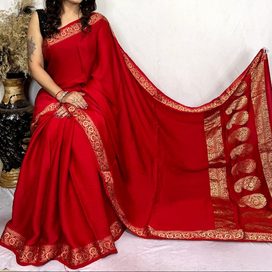 Modal Silk Mashroo Mix Ajrakh Saree With Natural Dyes - Black, Green, Red, Mustard, Hot Pink, Maroon, Purple Pink