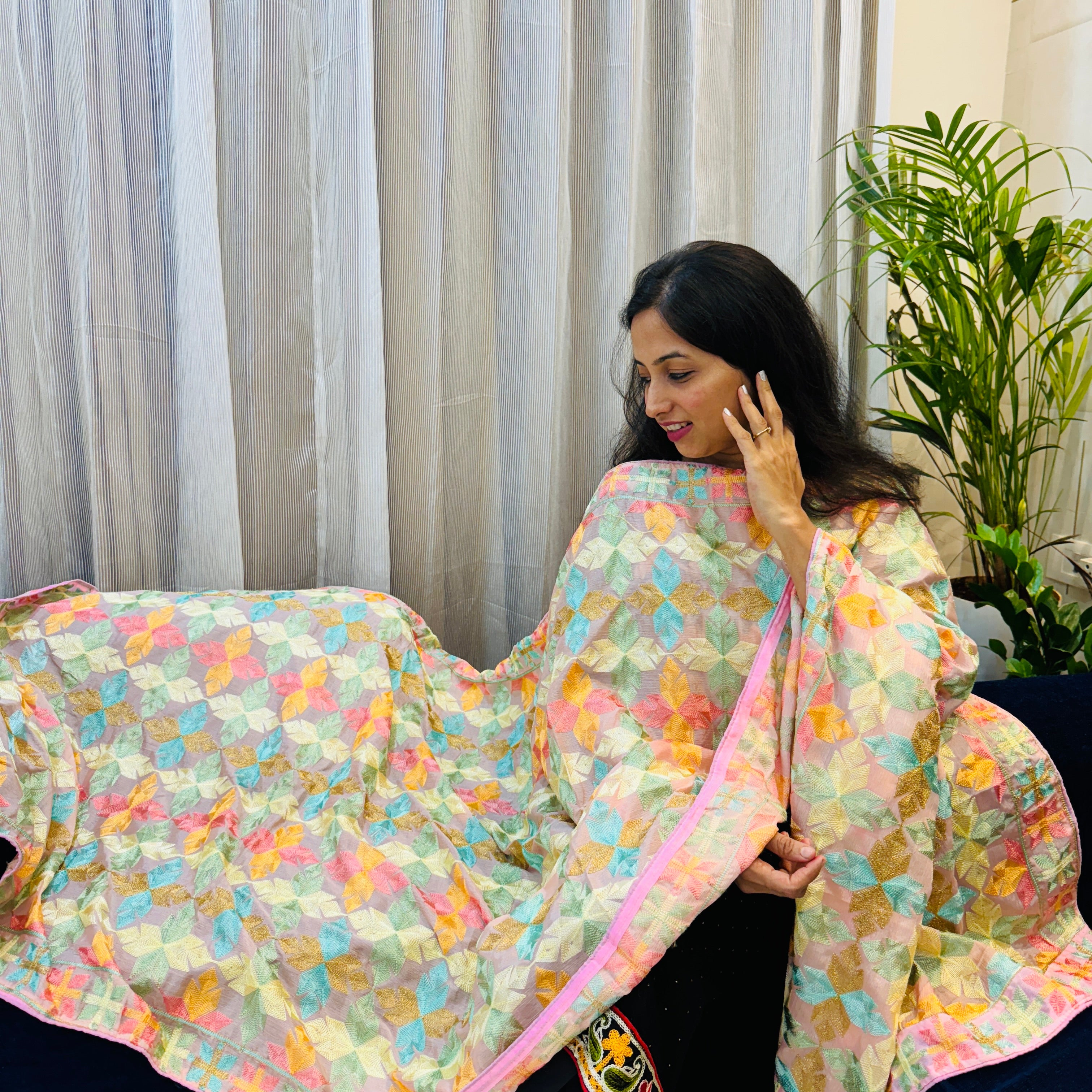 Phulkari Chinnon Dupatta - Onion Pink Multicolour