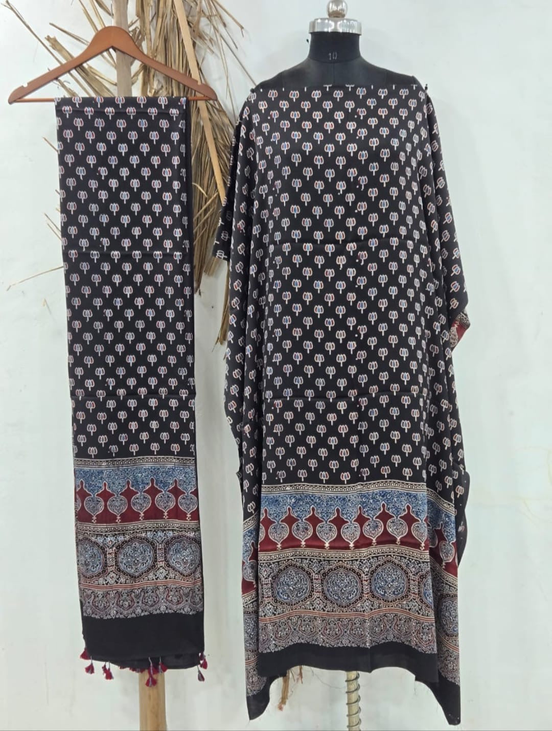 Pure modal silk handblock ajrakh suit material - Black with different hand block prints