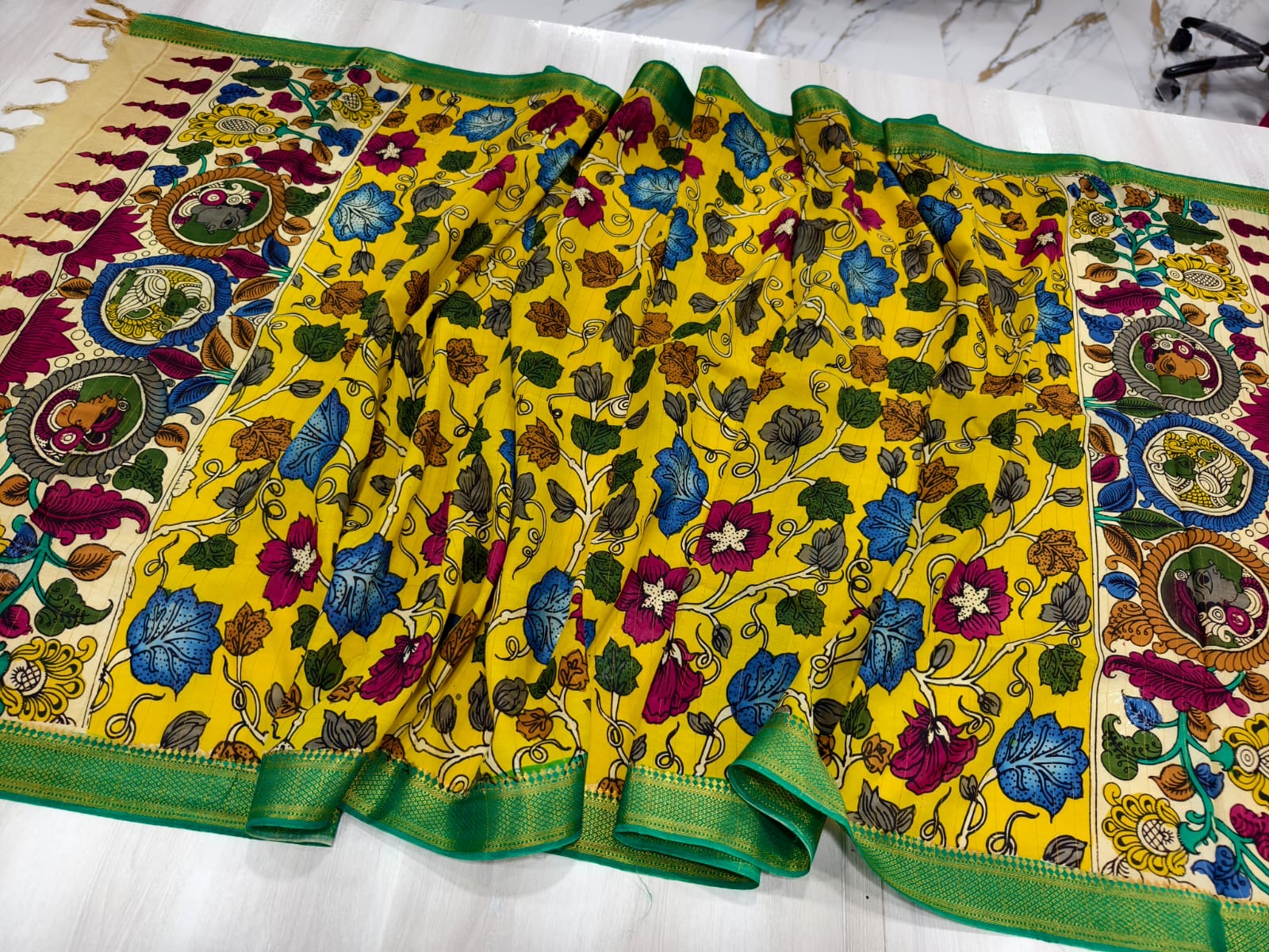 Pen Kalamkari Hand Painted Chinoor Silk Dupatta - Yellow with green border