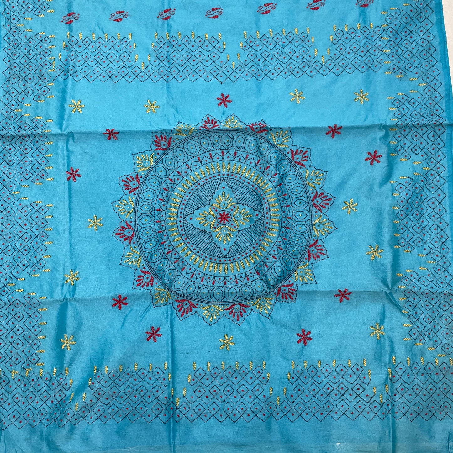 Kantha Hand Embroidered Work Saree Assam Silk (cotton silk) - Blue