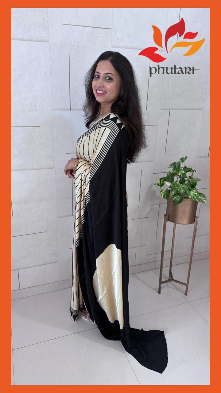 Modal Silk Ajrakh Saree With Natural Dyes - White and Black - Pre Order