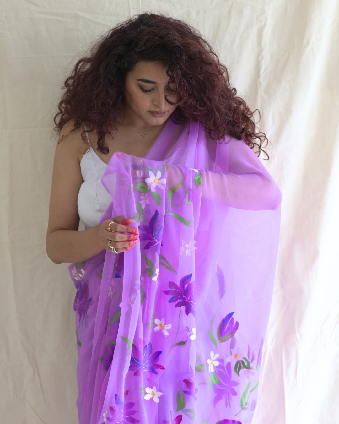 Hand-Painted chiffon Saree - Purple