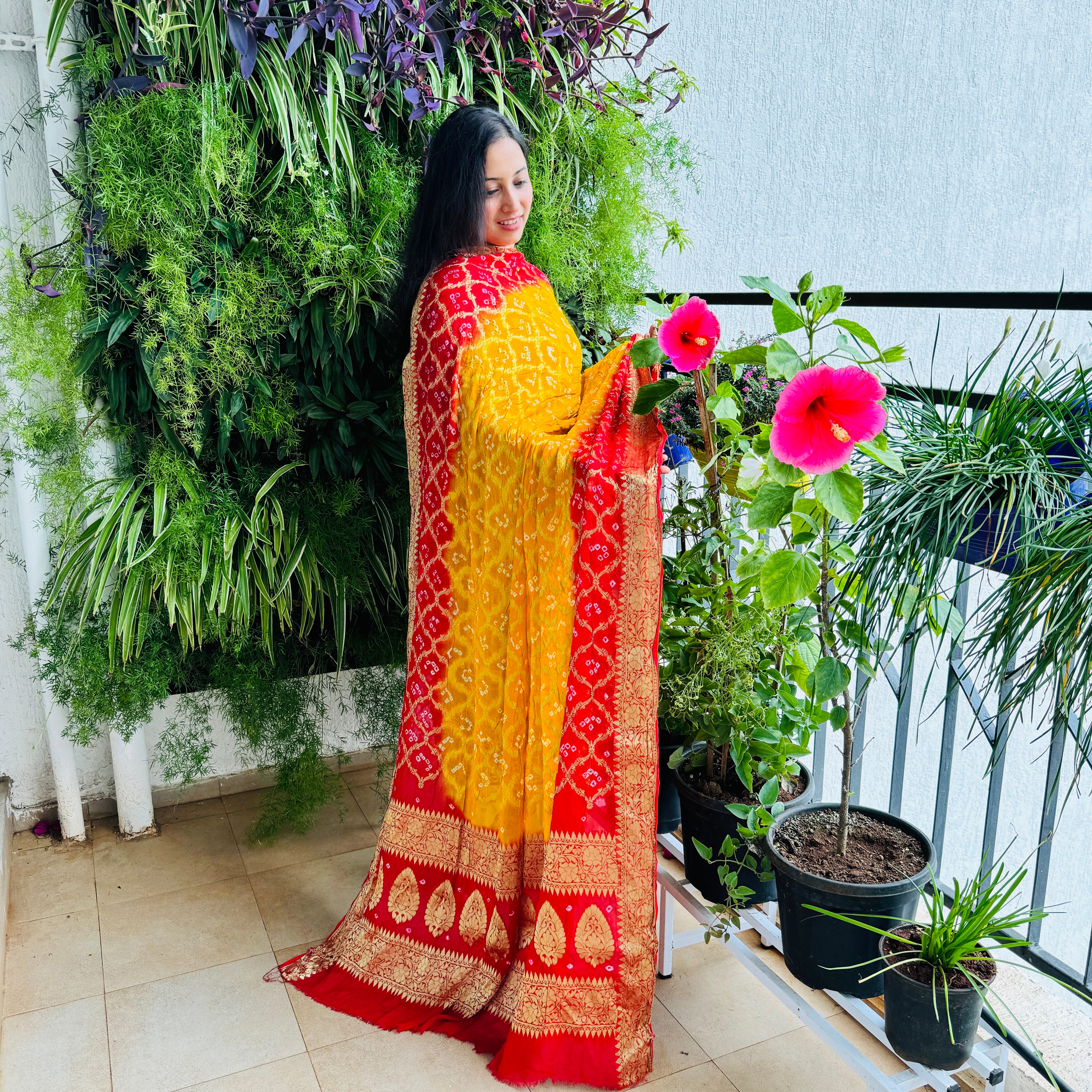 Pure Georgette Bandhani Banarasi Dupatta - Yellow and Red