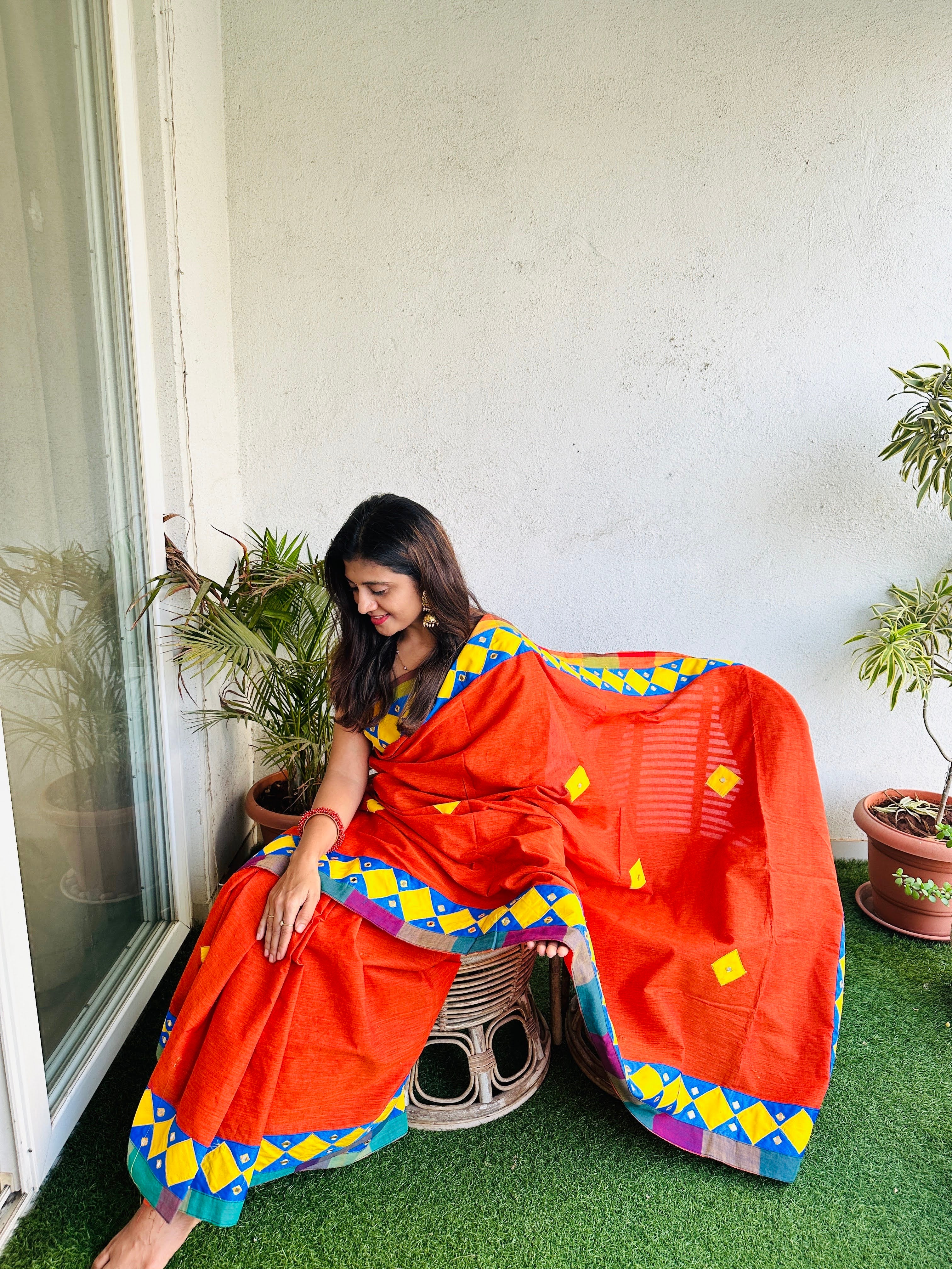 Handloom cotton Saree appliqué patch work foil mirror - Orange