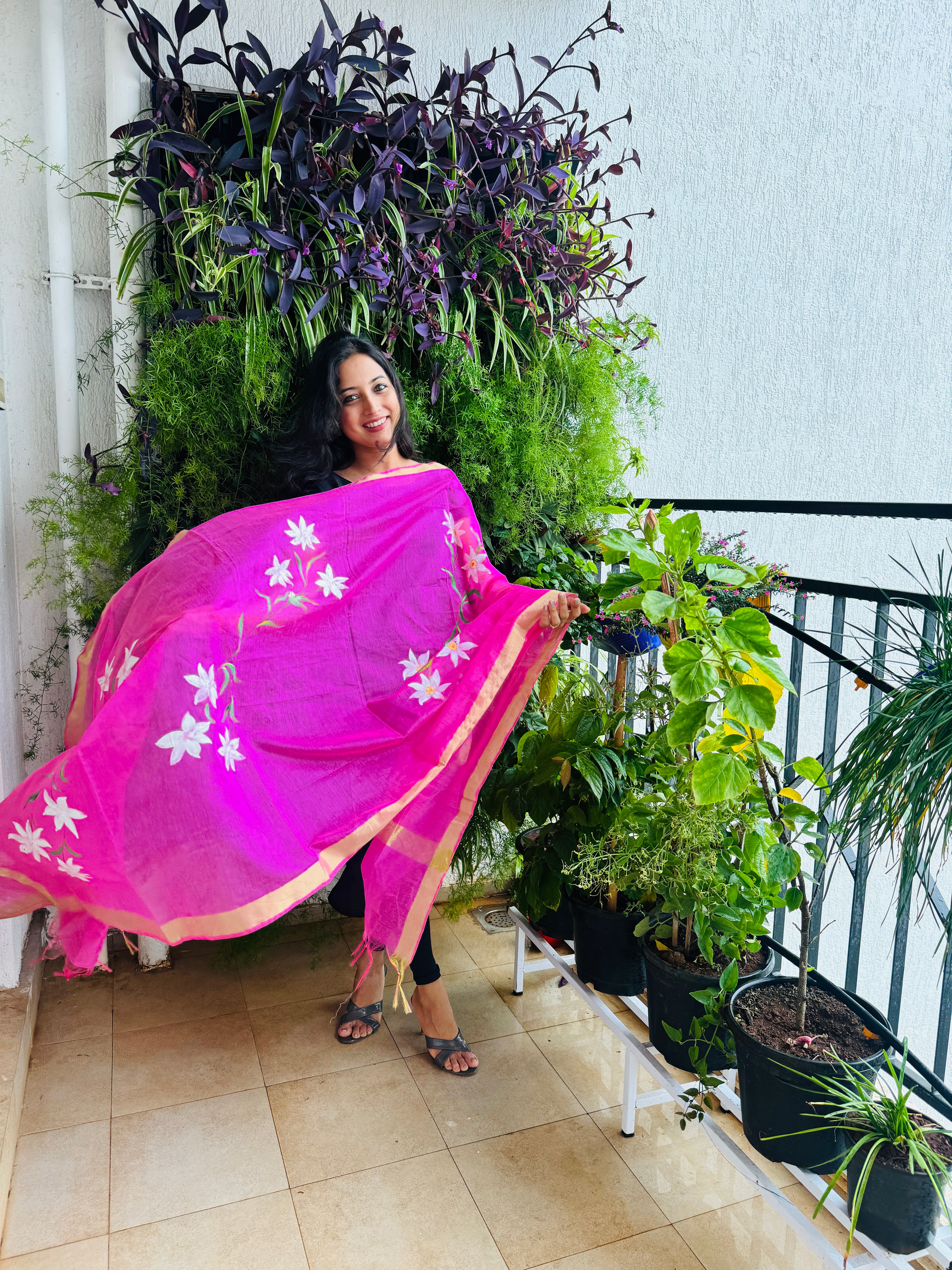 Hand Painted Cotton Silk Dupatta - White Floral Design On Pink Base (Customisation is available)