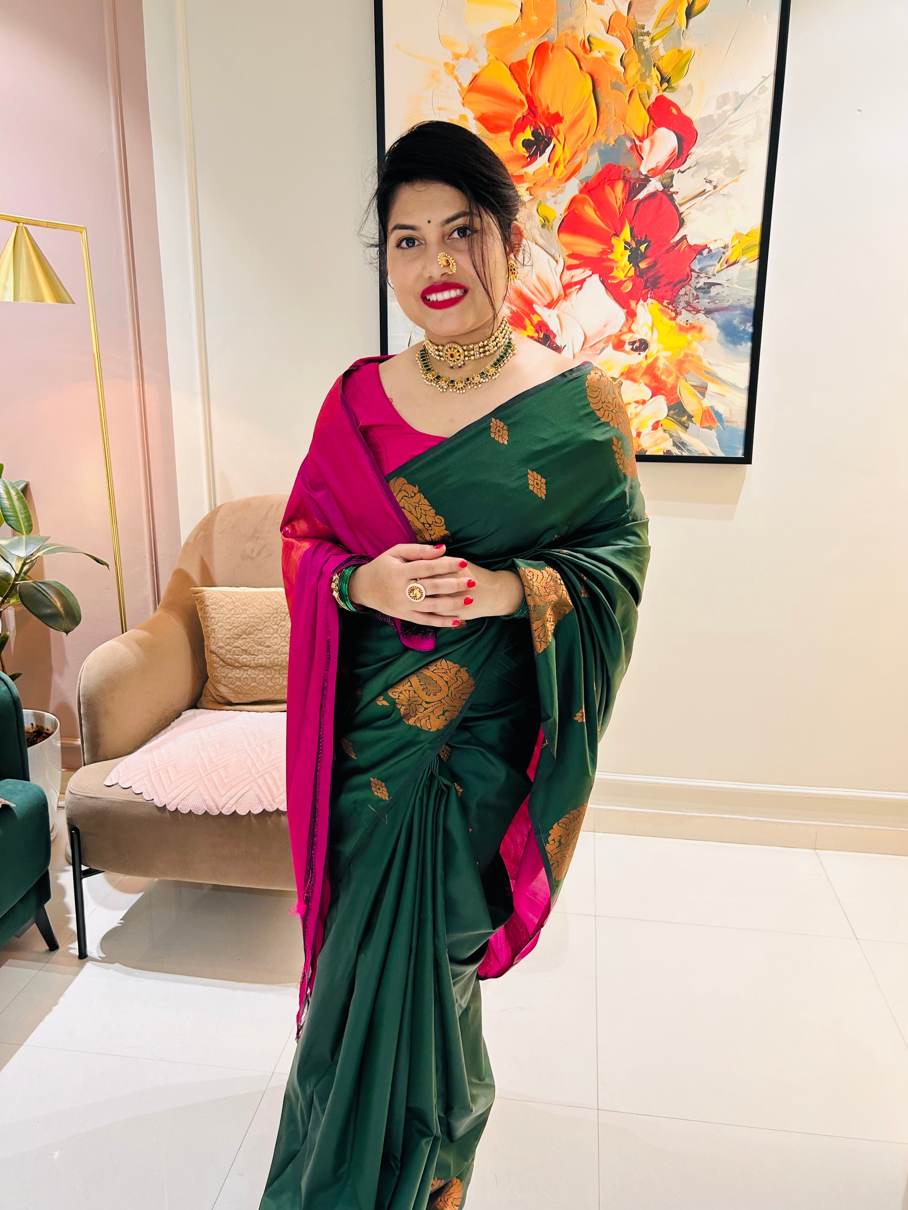 Soft Silk Mix Saree - Bottle Green