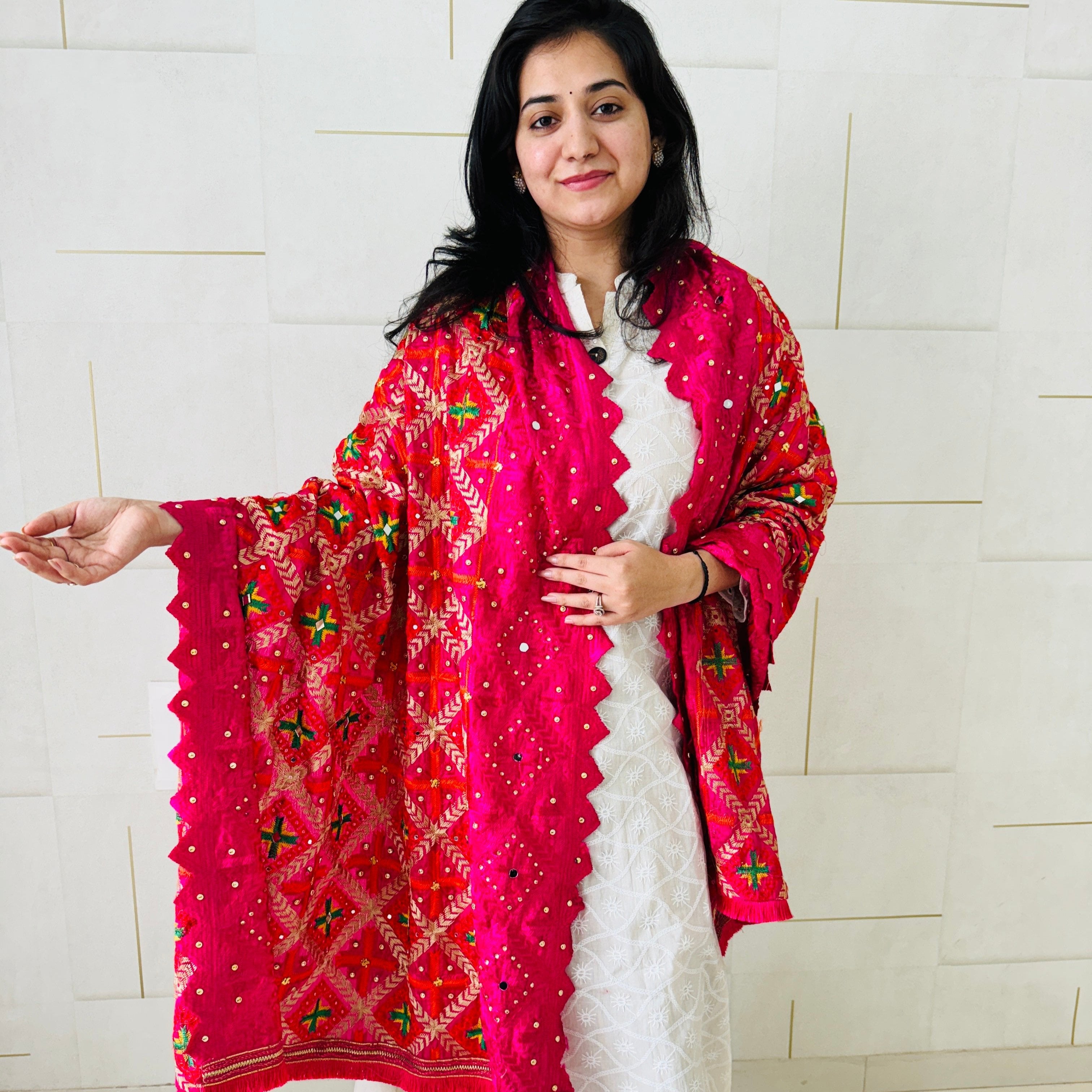 Phulkari Machine-Embroidered Chinnon Dupatta - Pink