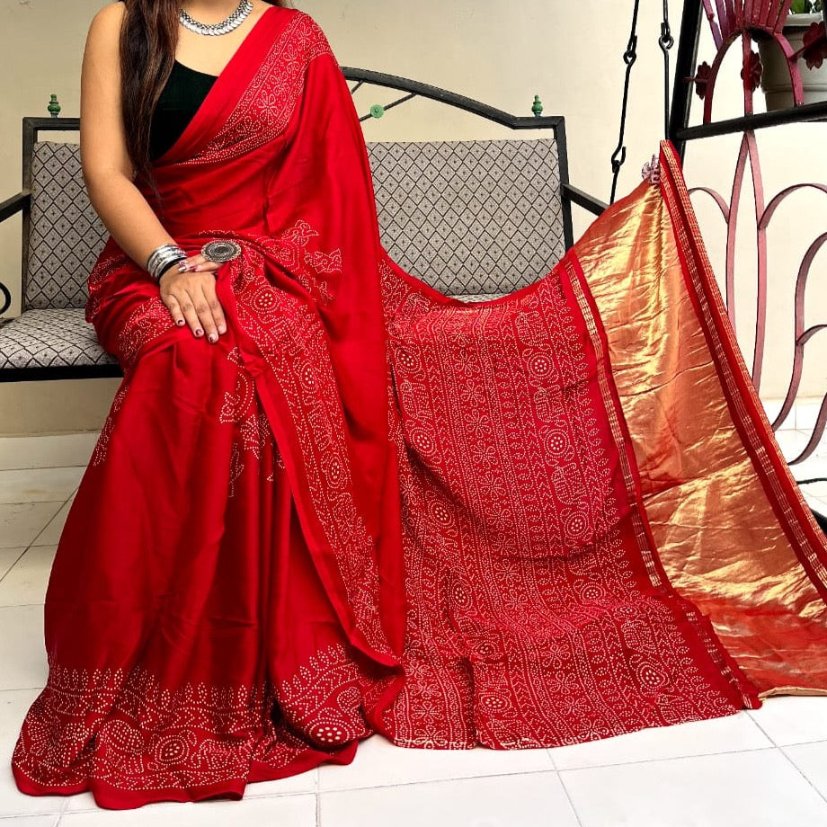 Modal Silk Ajrakh Saree - Indigo, Yellow, Red, Maroon ( Customisation available)
