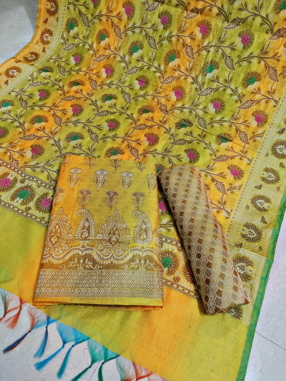 Banarasi Cotton Silk Unstitched Suit Material - Sea Blue, Pink, Peach, Green