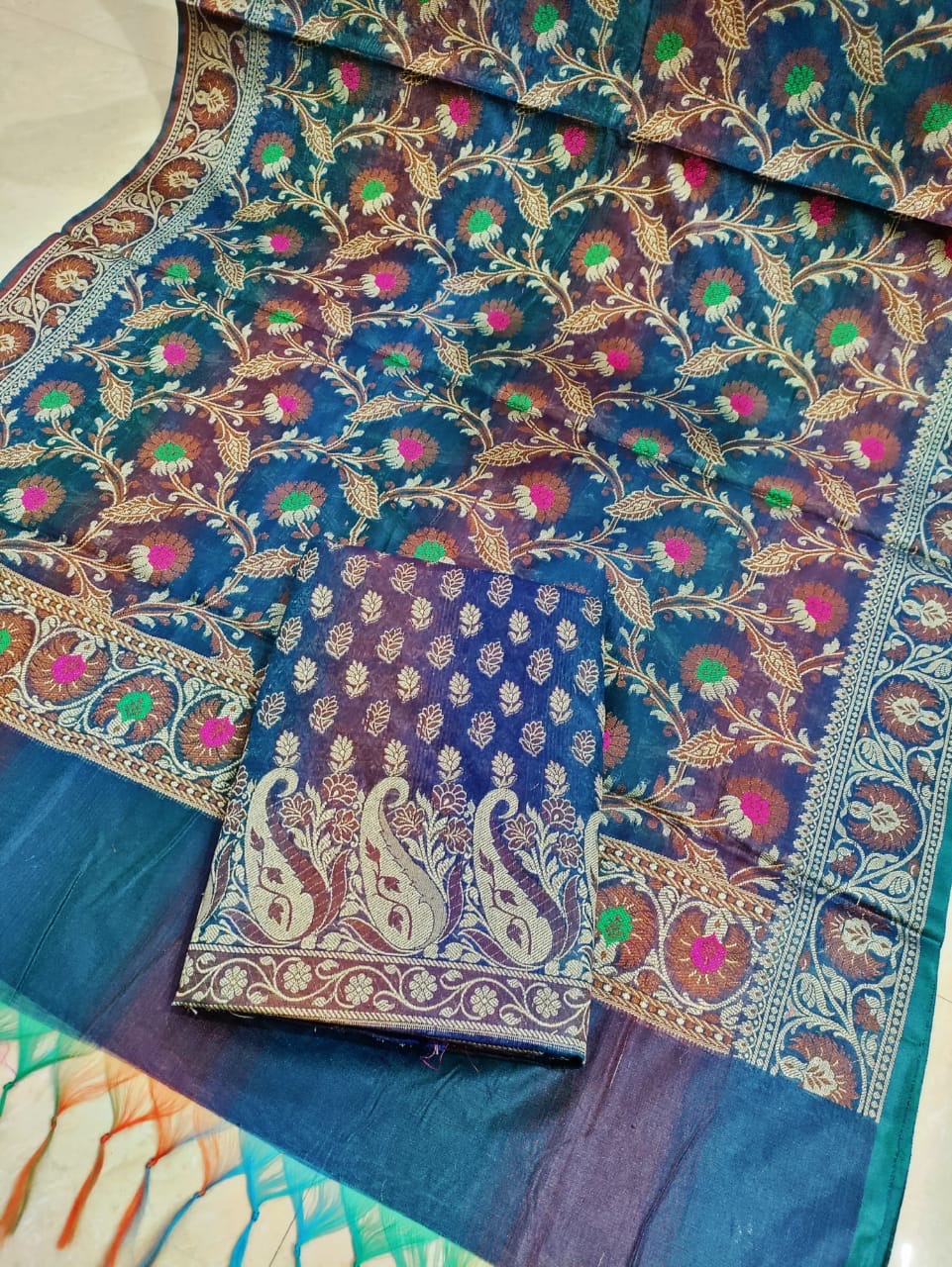 Banarasi Cotton Silk Unstitched Suit Material - Sea Blue, Pink, Peach, Green