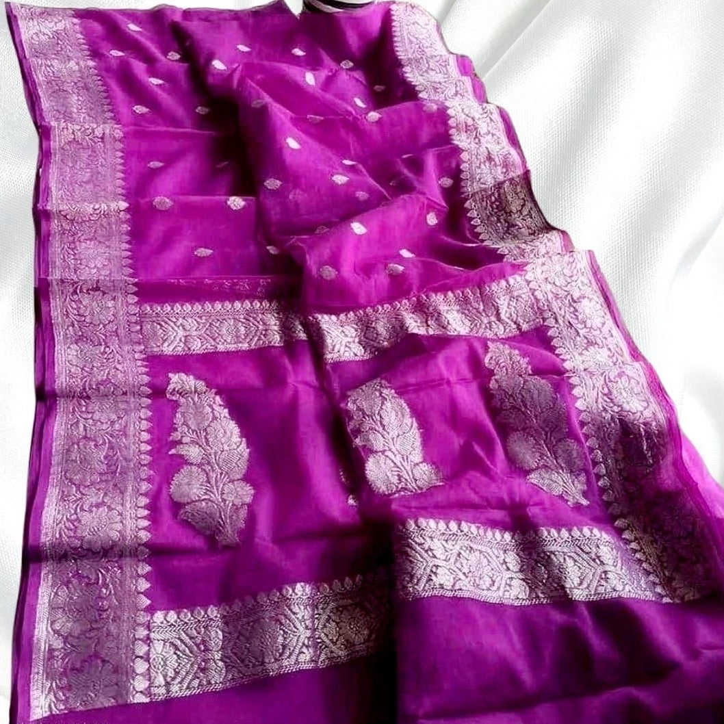 Semi Georgette Banarasi Silk Saree- Red, Blue, Green, Sea. Green, Black, Magenta, Pink, Wine