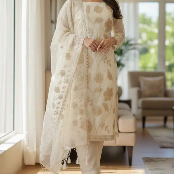 Banarasi Chanderi silk self embroidery with applique work