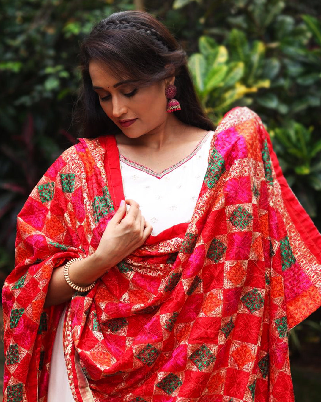 Phulkari Machine-Embroidered Chinnon Dupatta -  Pink