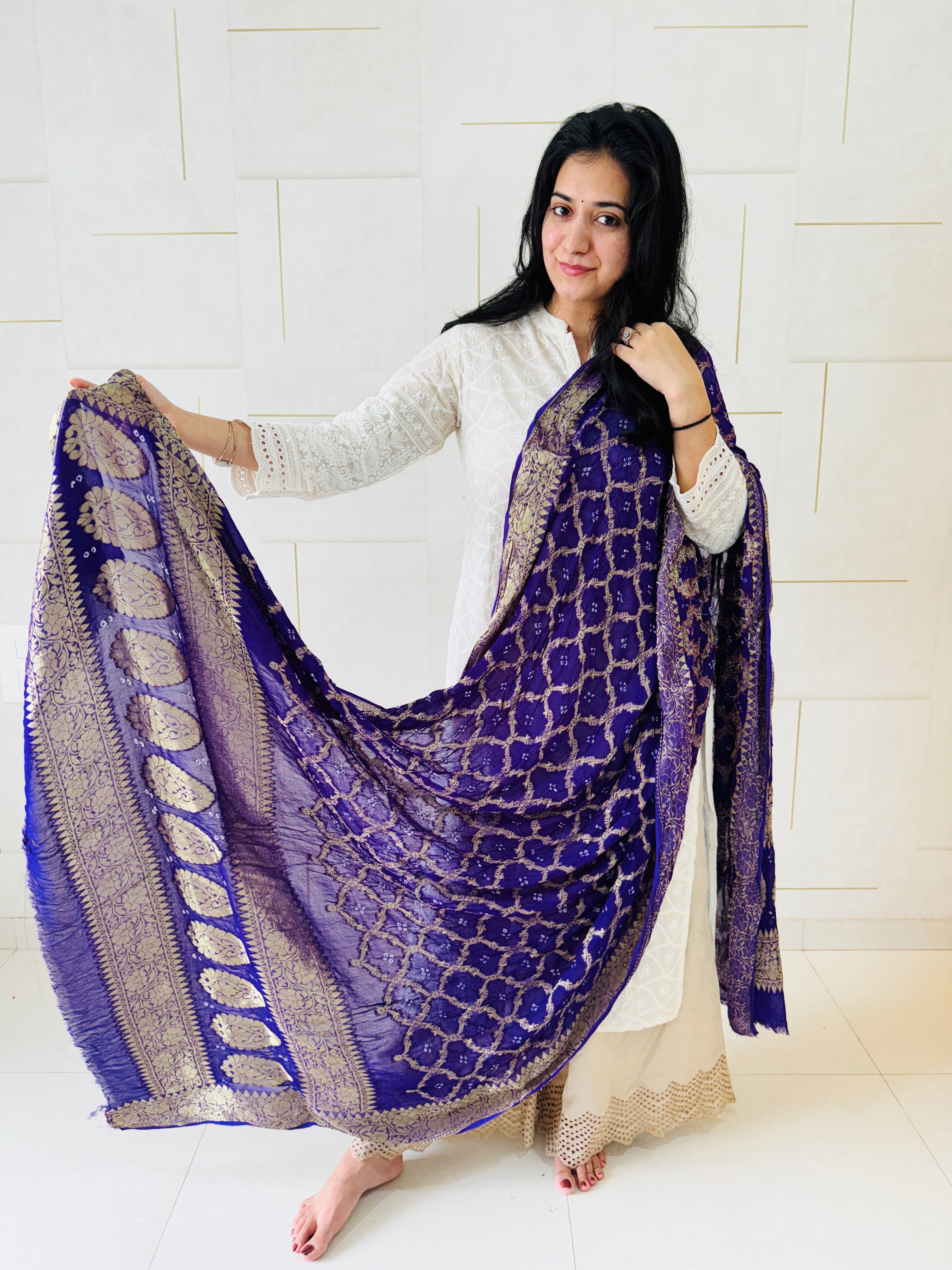 Pure Georgette Bandhani Banarasi Dupatta - Purple