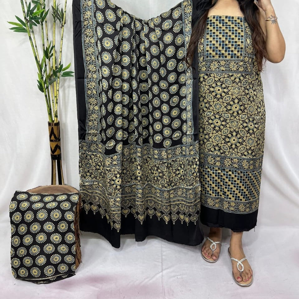 Pure modal silk hand block Ajrakh 3 suit material - Black with different hand block prints