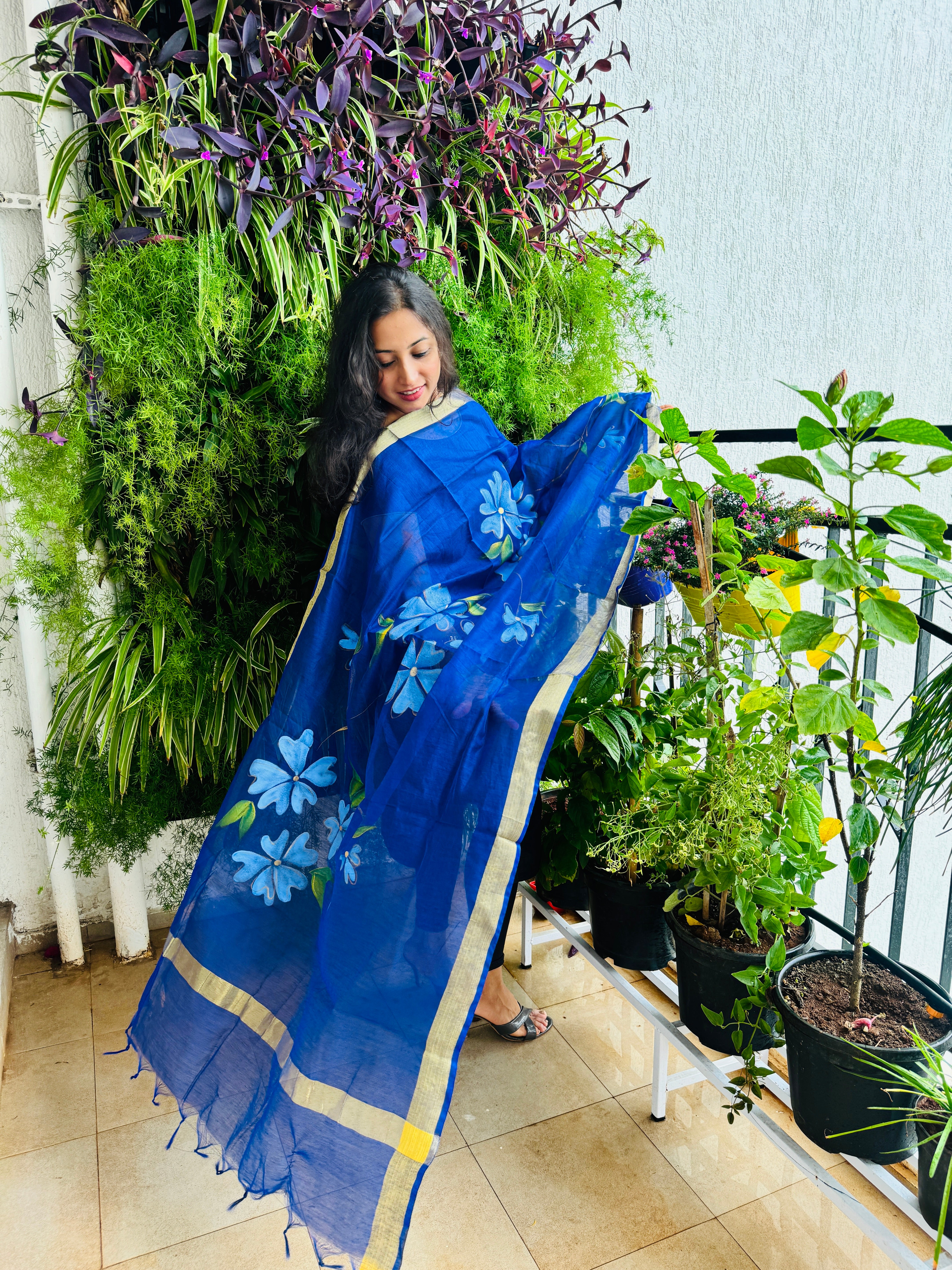 Hand Painted Cotton Silk Soft Dupatta - Floral Design On Purple Base (Customisation is available)