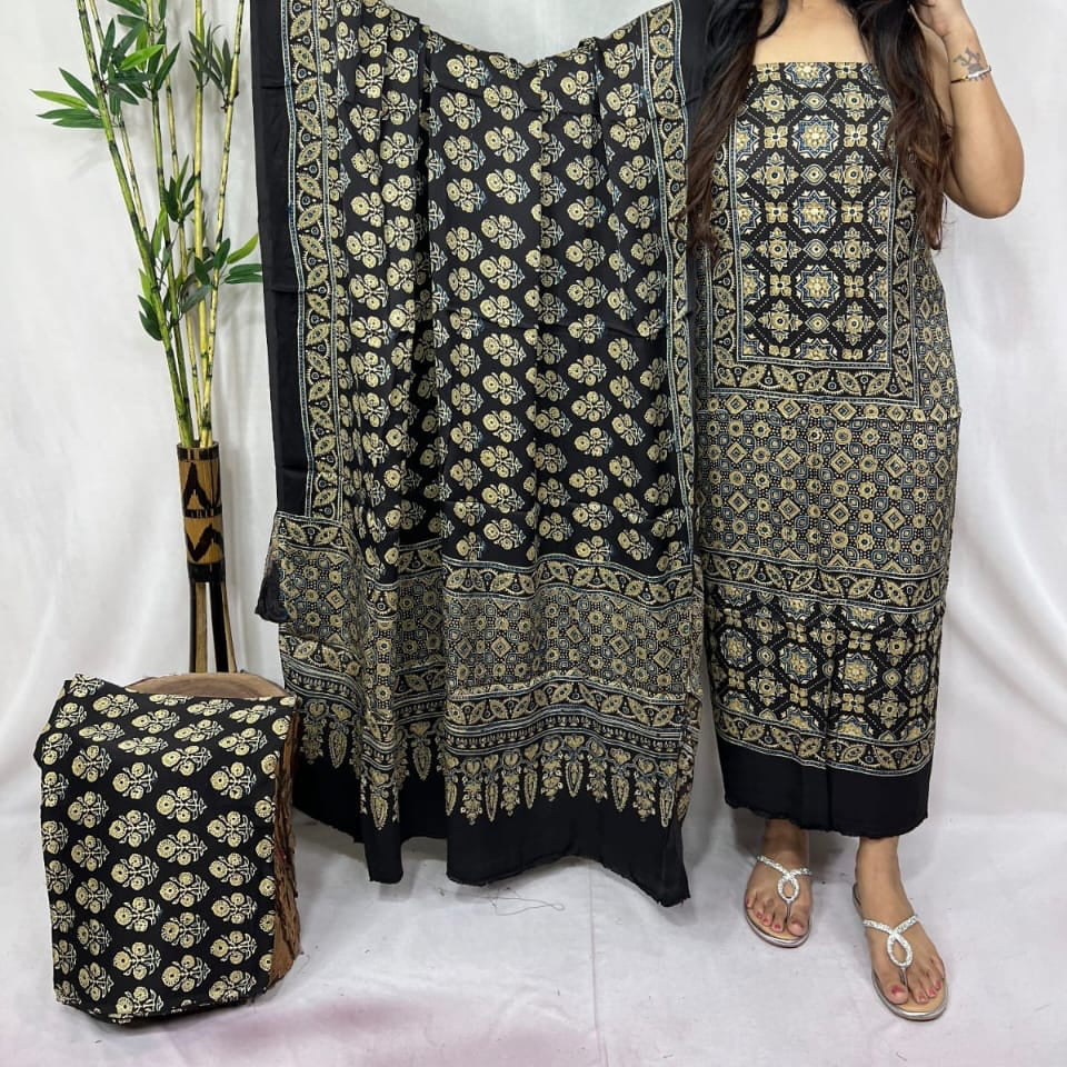 Pure modal silk hand block Ajrakh 3 suit material - Black with different hand block prints