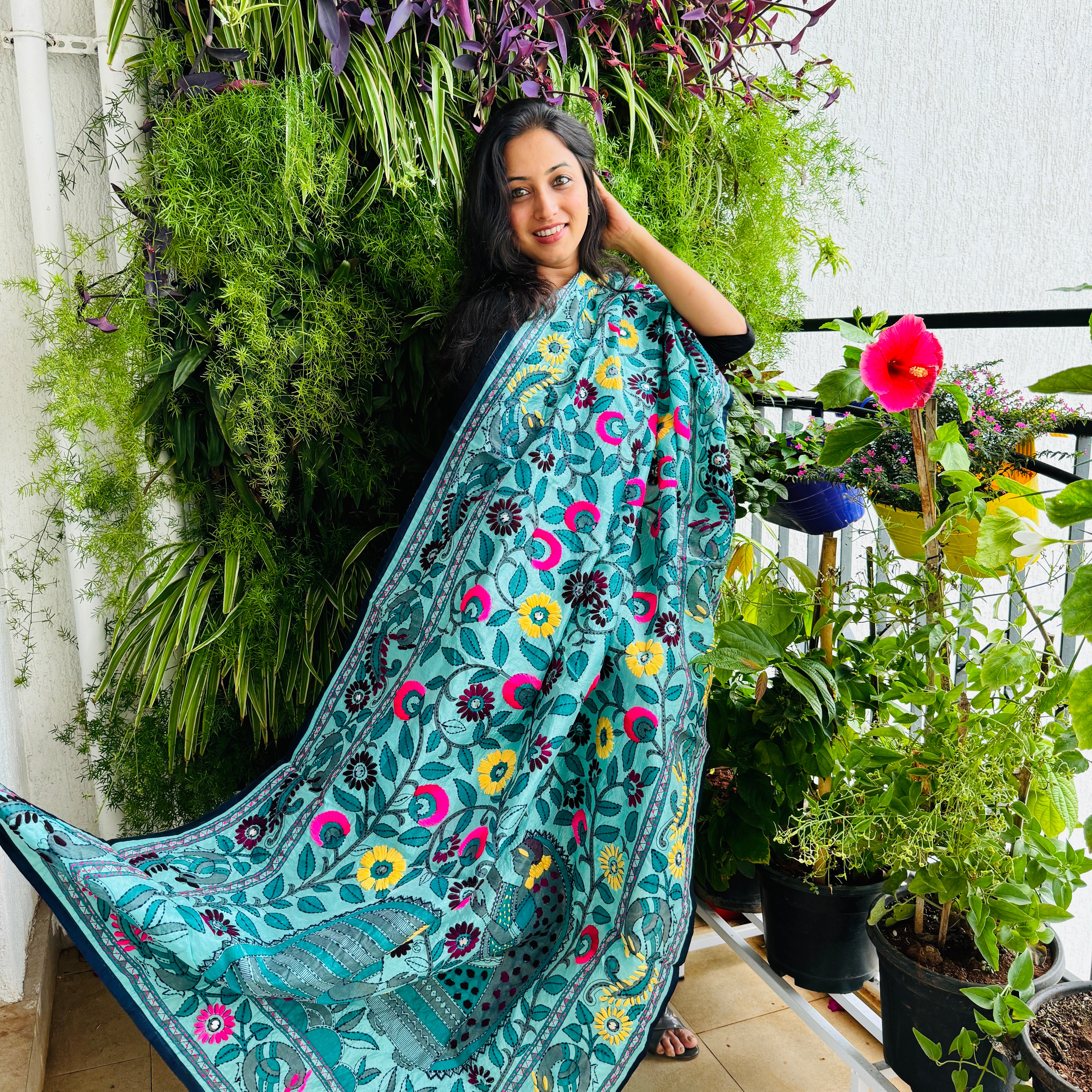 Phulkari Hand-Embroidered & Hand Painted Dupatta- Blue