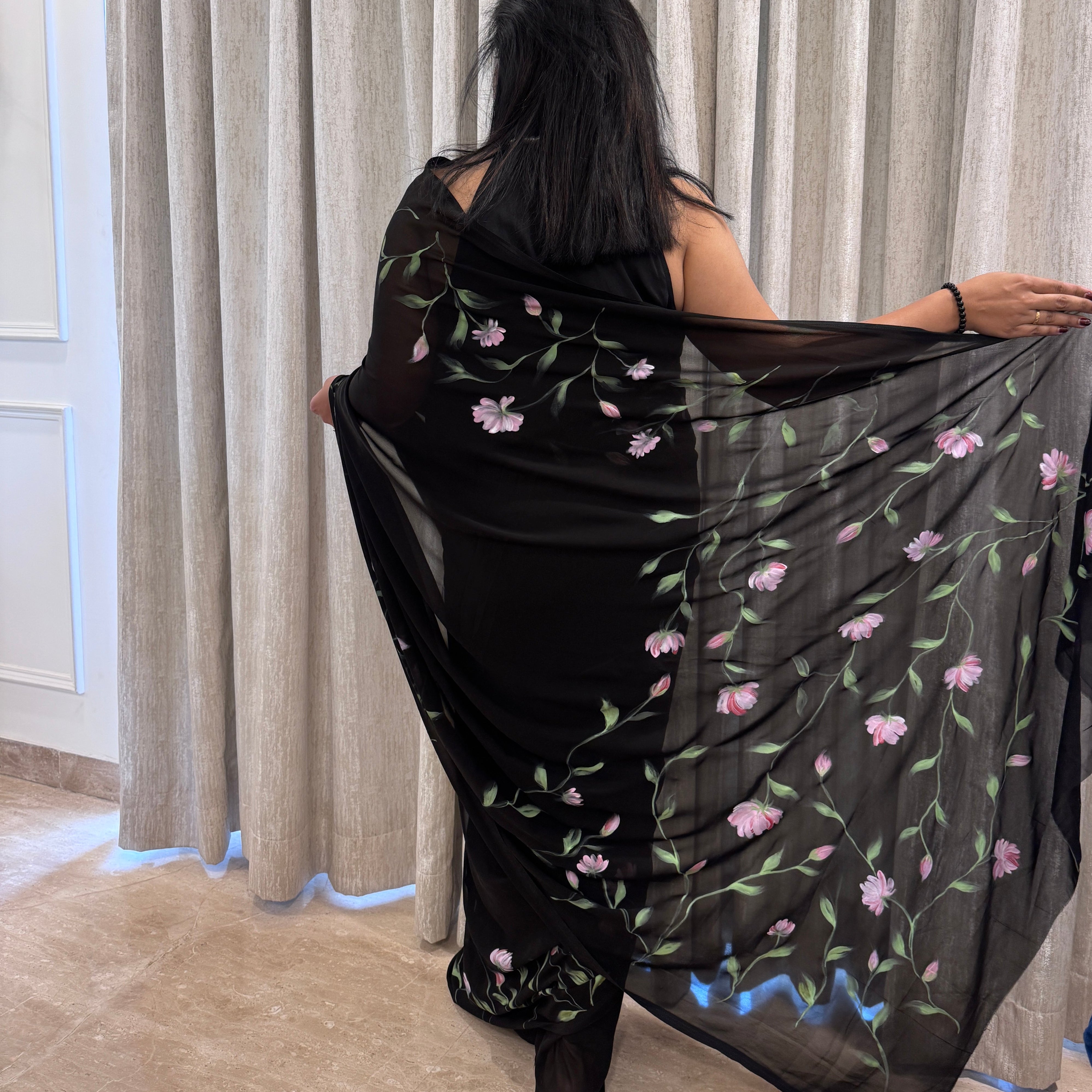 Hand painted Georgette Black Saree - Beautiful Floral Design