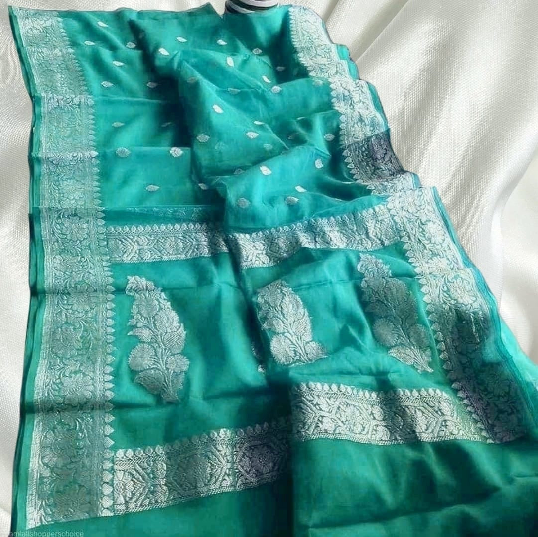 Semi Georgette Banarasi Silk Saree- Red, Blue, Green, Sea. Green, Black, Magenta, Pink, Wine