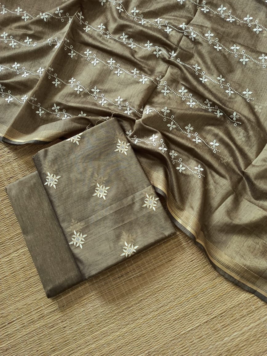 Banarasi Chanderi silk self Embroidery Suit materials Black, Magenta, Red, Green, Light Oileve