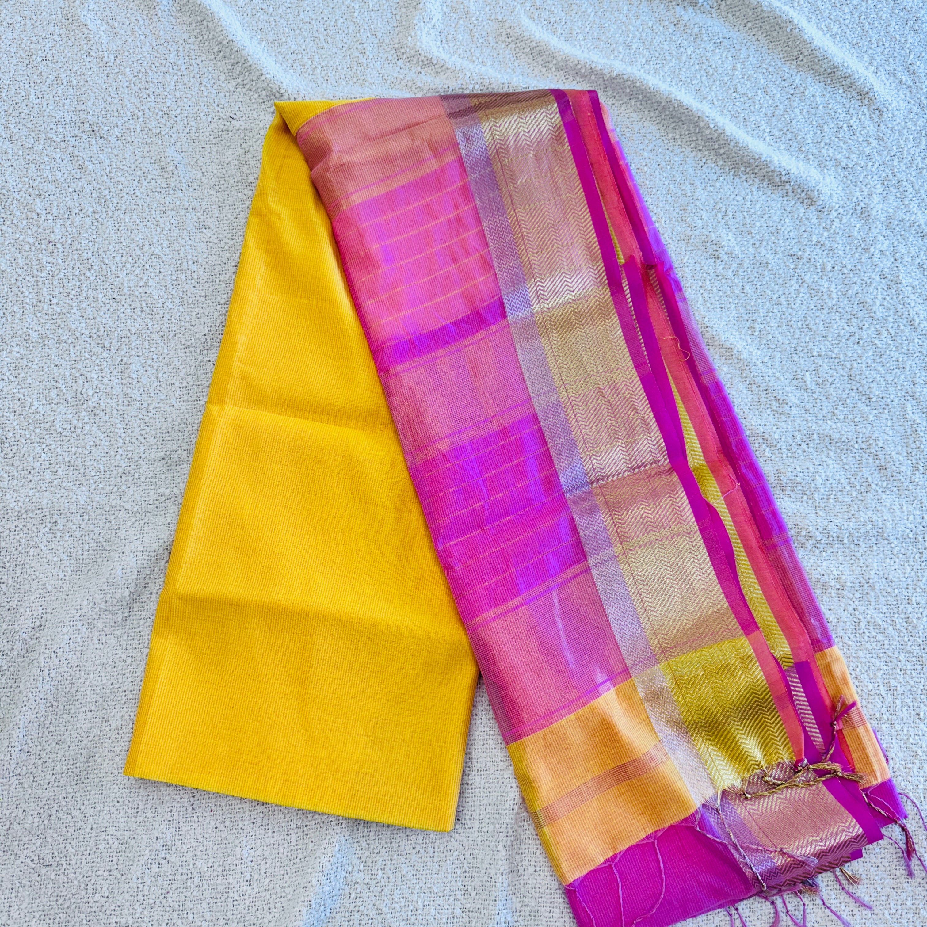 Maheshwari Handloom handwoven cotton silk Saree Yellow and Pink