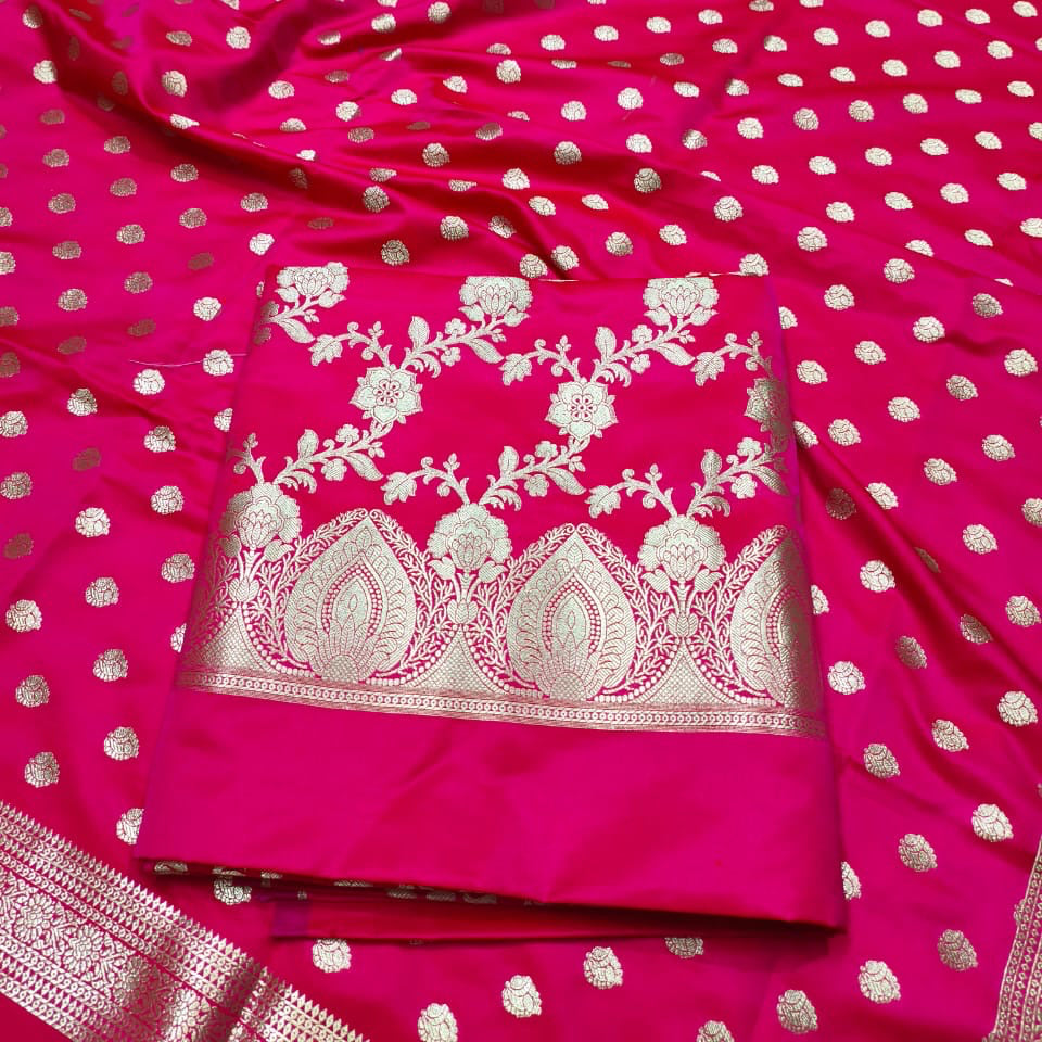 Banarasi Katan Mashroo Silk Unstitched Suit Material Red, Yellow, Navy, Hot Pink