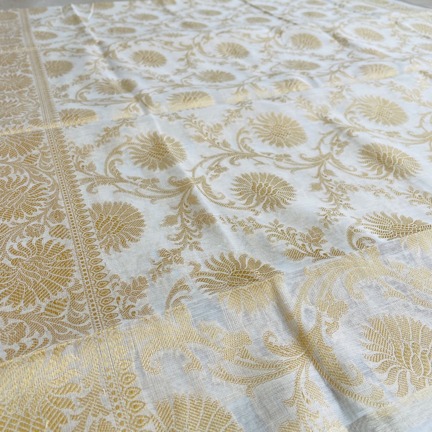 Banarasi Cotton Silk Unstitched Suit Material - White and Gold