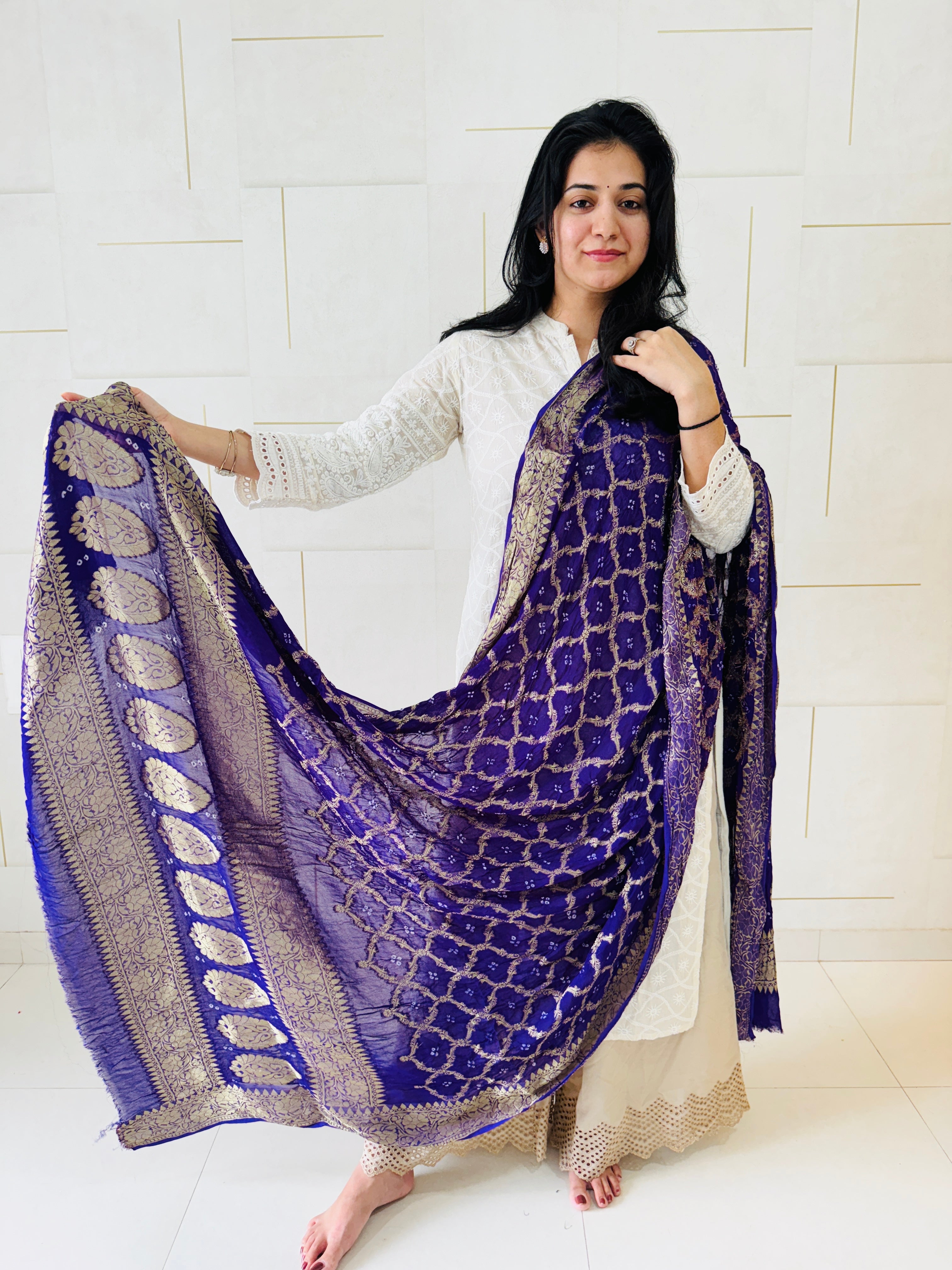 Pure Georgette Bandhani Banarasi Dupatta - Purple