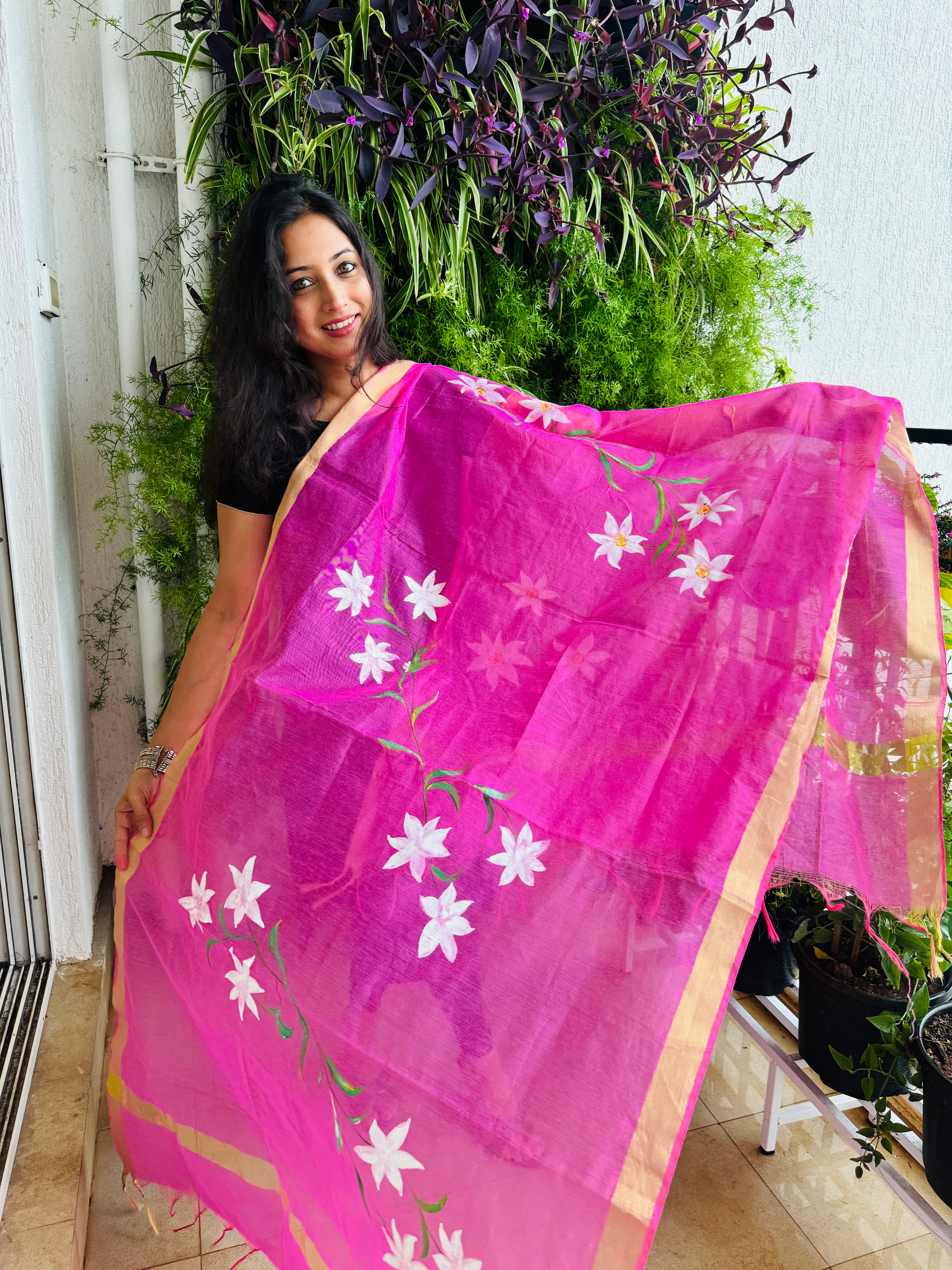 Hand Painted Cotton Silk Dupatta - White Floral Design On Pink Base (Customisation is available)