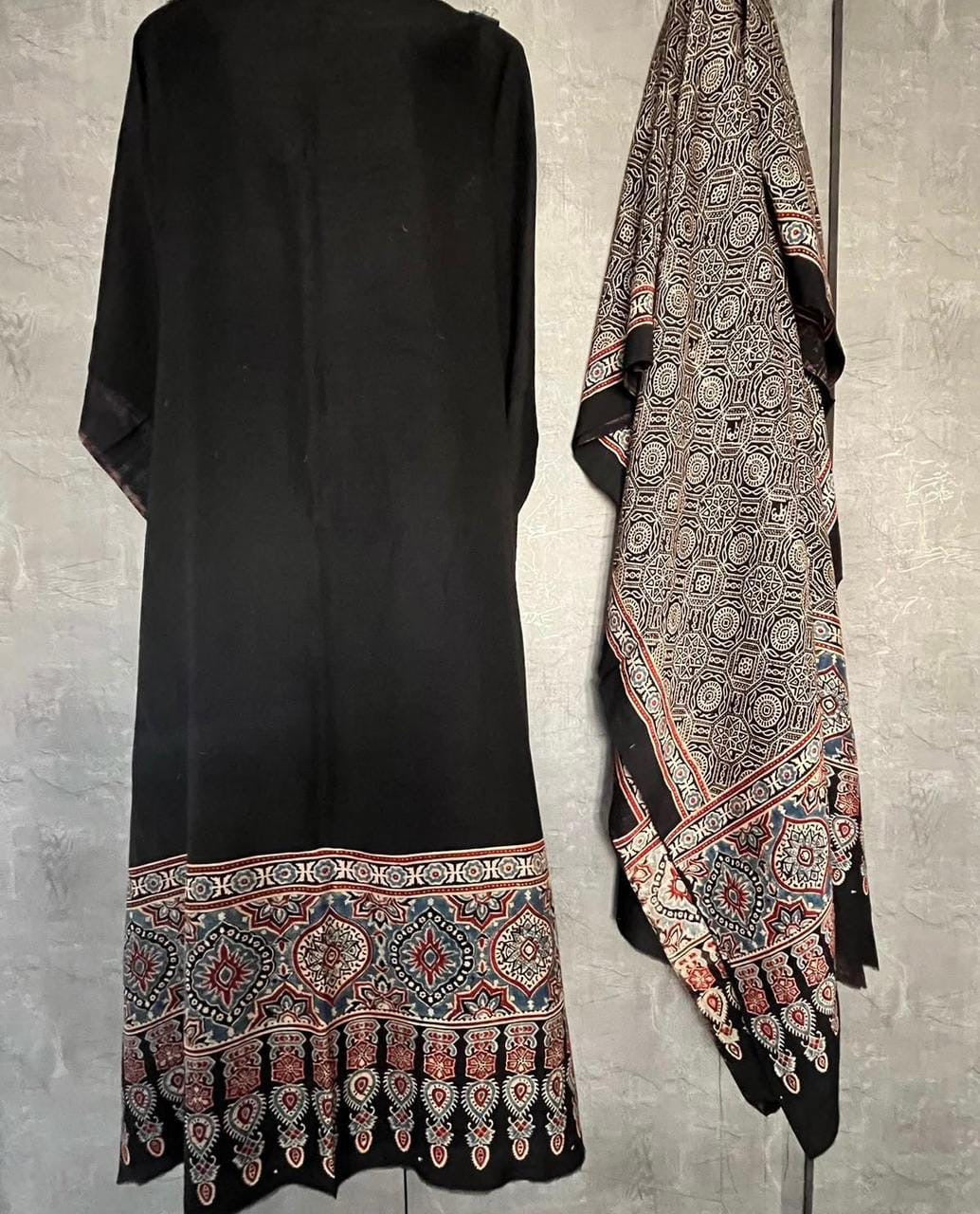 Pure modal silk handblock ajrakh suit material - Black with different hand block prints