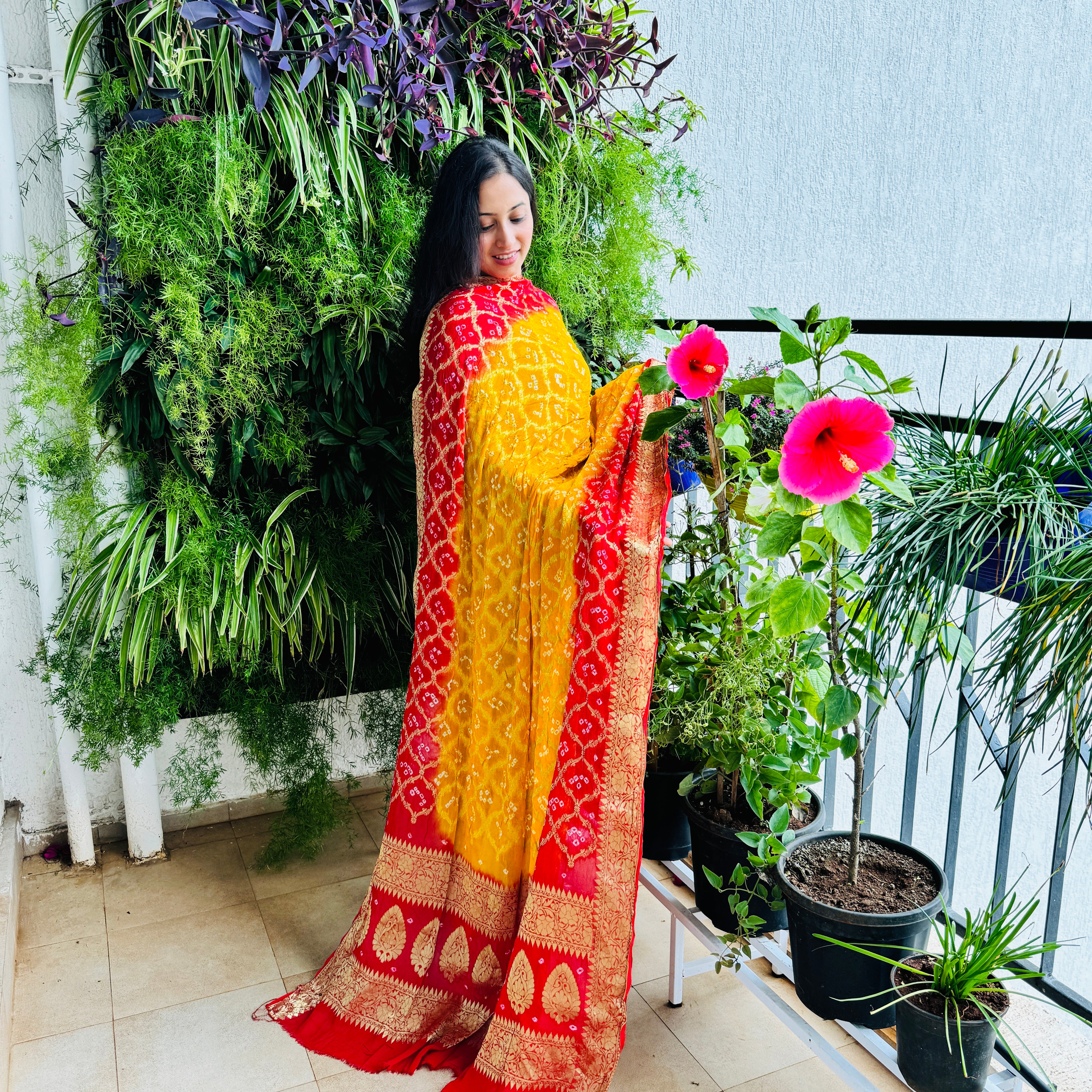 Pure Georgette Bandhani Banarasi Dupatta - Yellow and Red