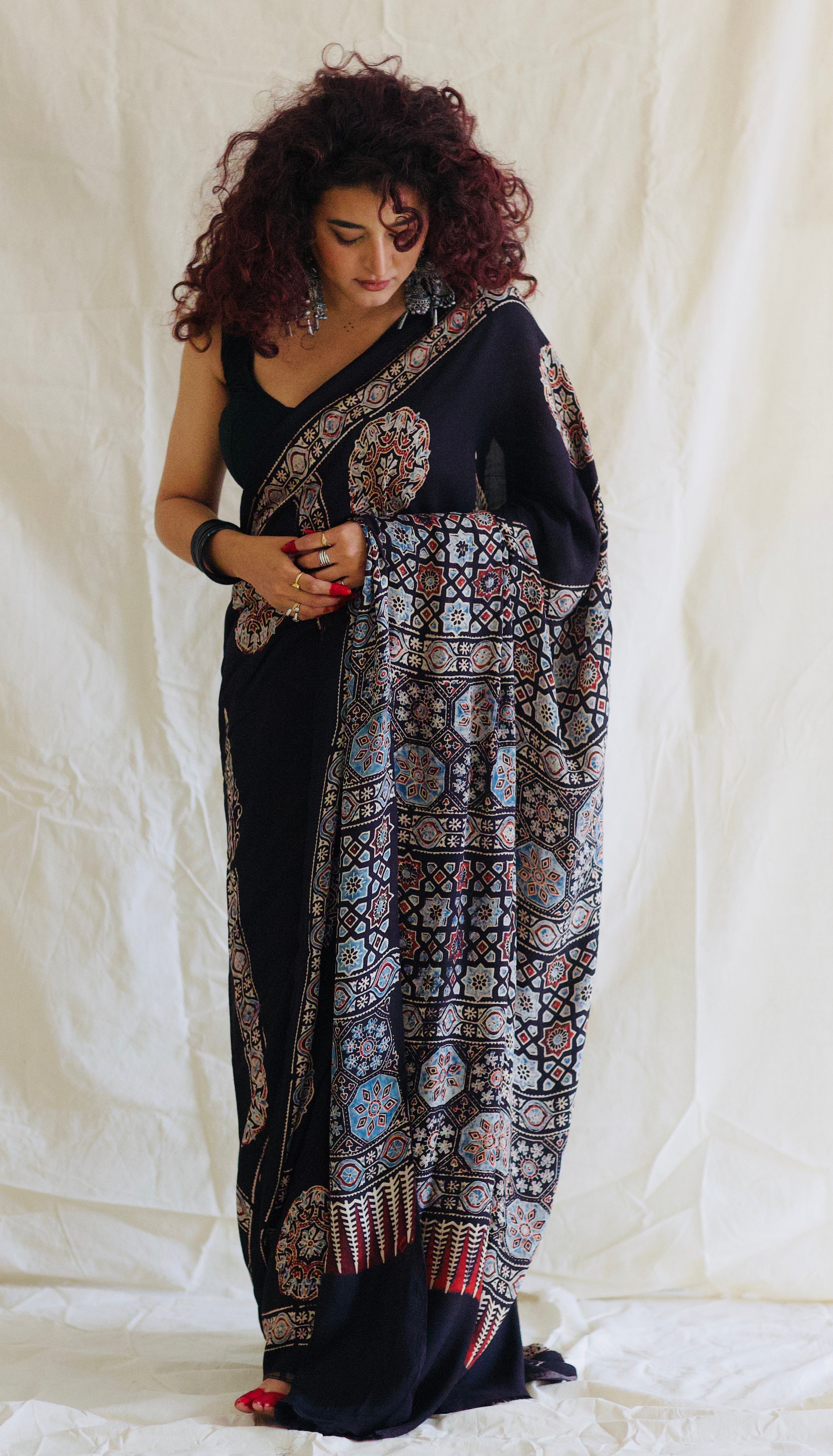 Modal Silk Ajrakh Saree With Natural Dyes